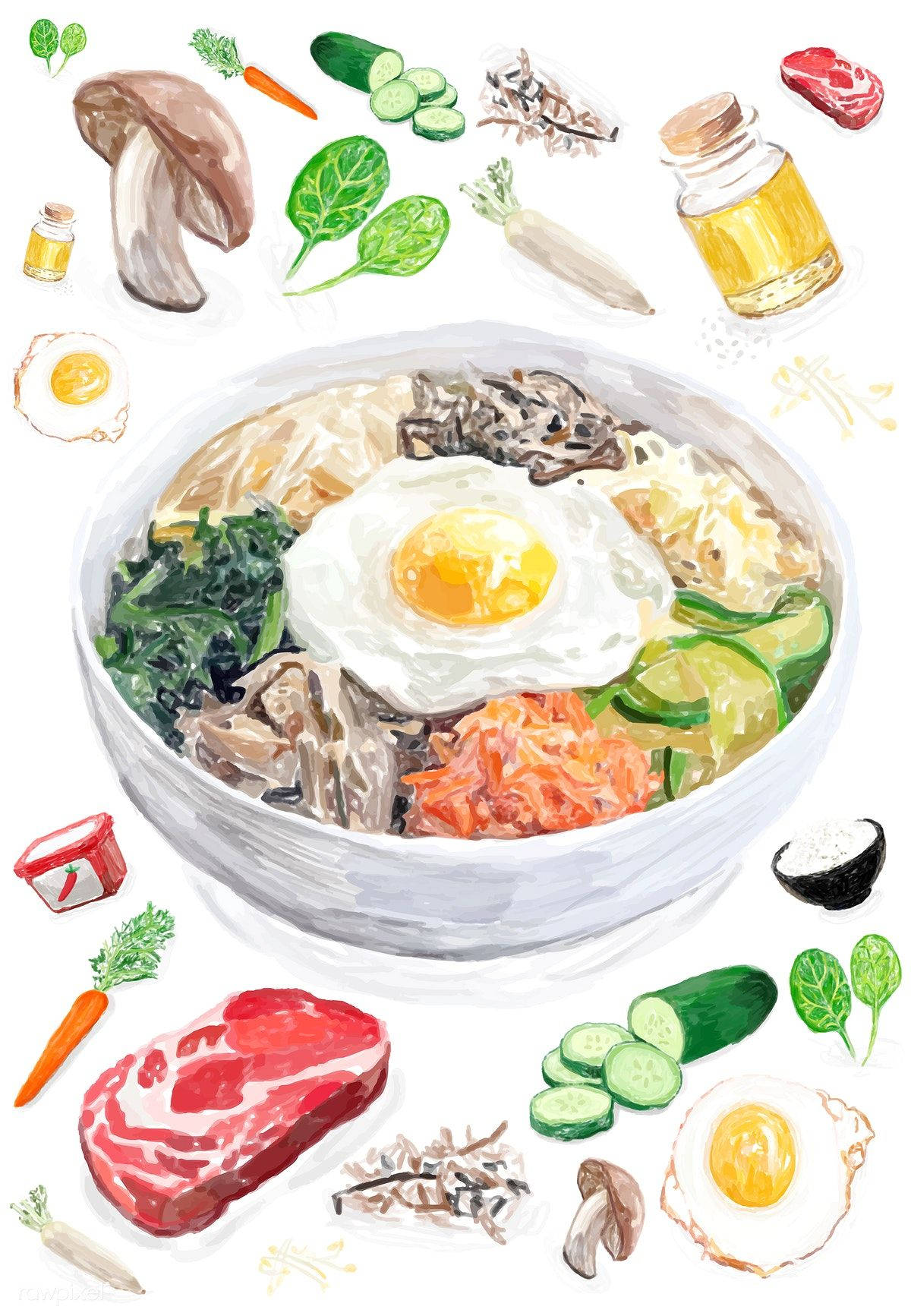 烹飪 桌布 壁紙 — 一幅充滿活力的水彩插畫，描繪一碗冒著熱氣的韓國石鍋拌飯，上面放著一個太陽蛋，周圍散落著新鮮的食材。