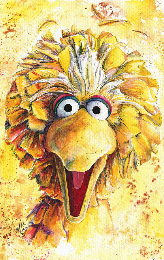Big Bird 桌布 壁紙 — 一幅充滿活力的水彩畫像，描繪大鳥在紋理黃色背景上張開快樂的喙。