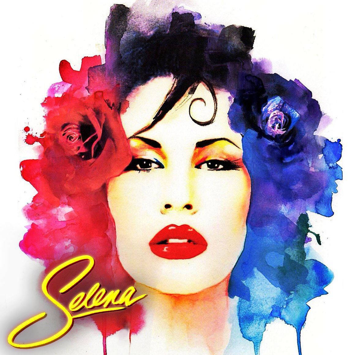賽琳娜·金塔尼利亞 桌布 壁紙 — 一幅充滿活力的水彩畫肖像，Selena 的臉龐被紅藍玫瑰環繞，背景為白色。