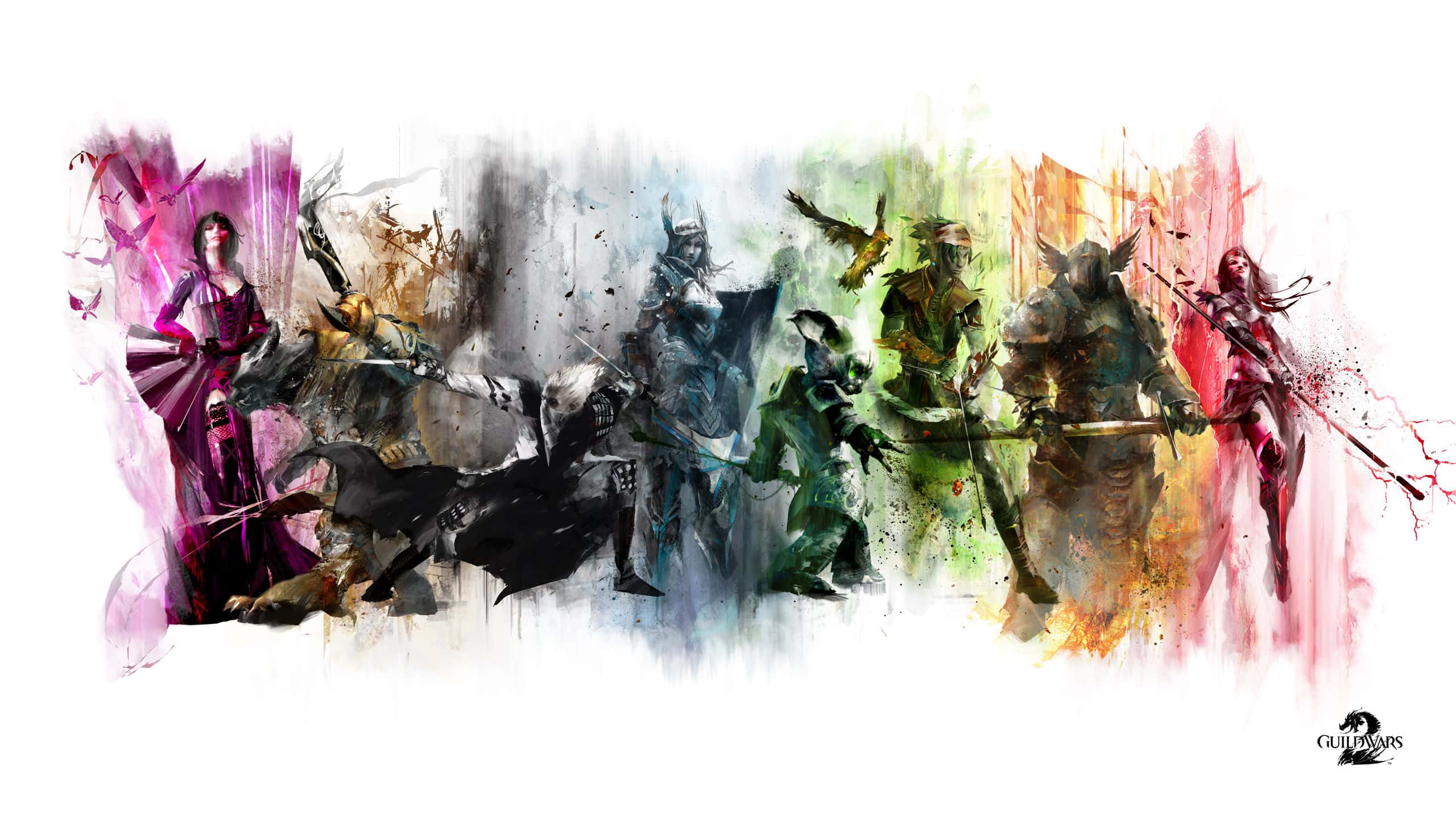 Aesthetic YouTube Banner 桌布 壁紙 — 一幅充滿活力的水彩風格插圖，描繪了各種奇幻戰士和生物在潑濺的彩虹背景上擺出動態戰鬥姿勢。