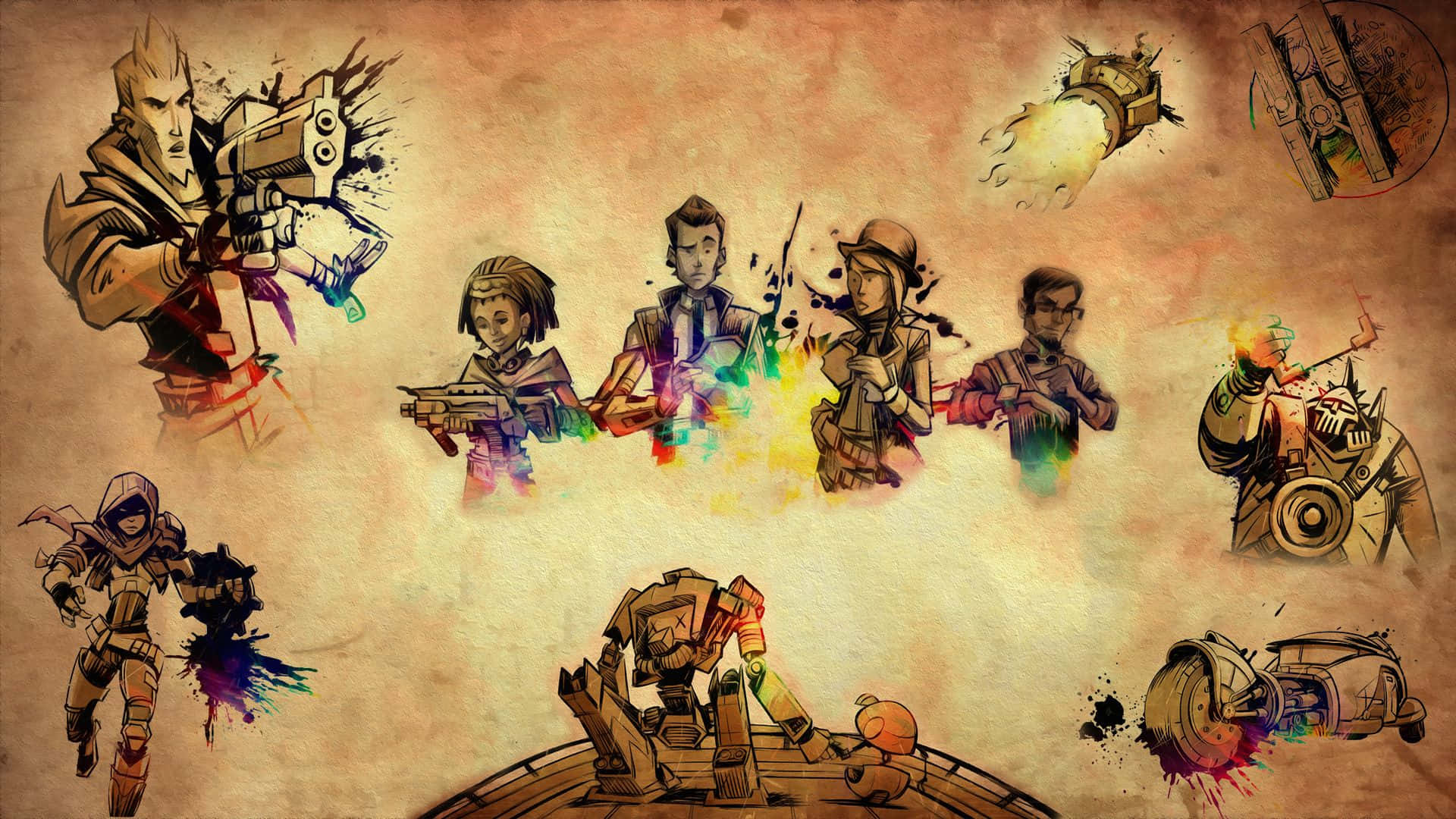 Borderlands 桌布 壁紙 — 一幅充滿活力的水彩風格插圖，描繪了各種科幻角色和車輛，在羊皮紙背景上迸發出色彩繽紛的顏料飛濺。