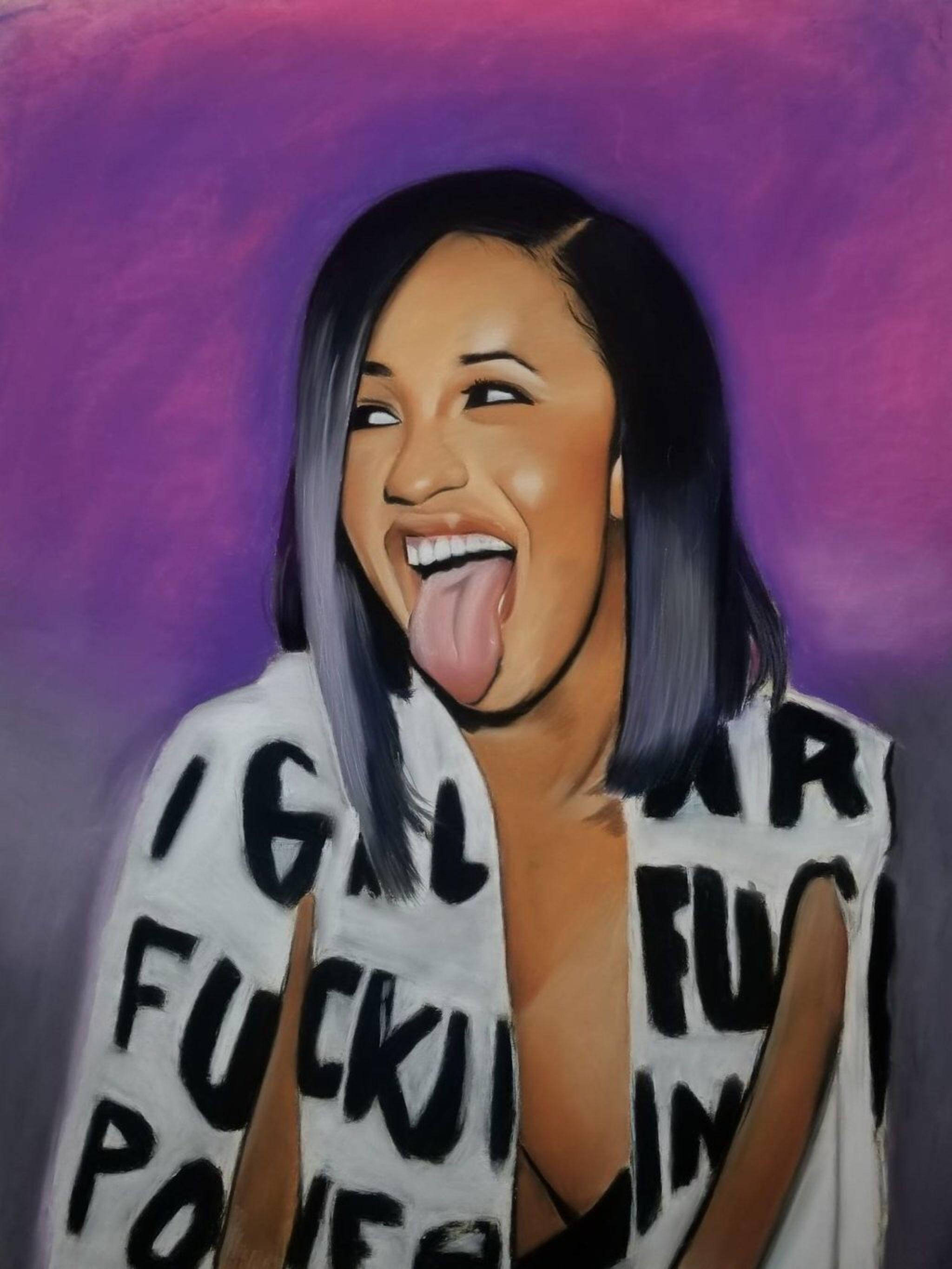 cardi 桌布 壁紙 — 一幅充滿活力的油畫，描繪一位深色頭髮的女性在紫色漸變背景上頑皮地伸出舌頭。