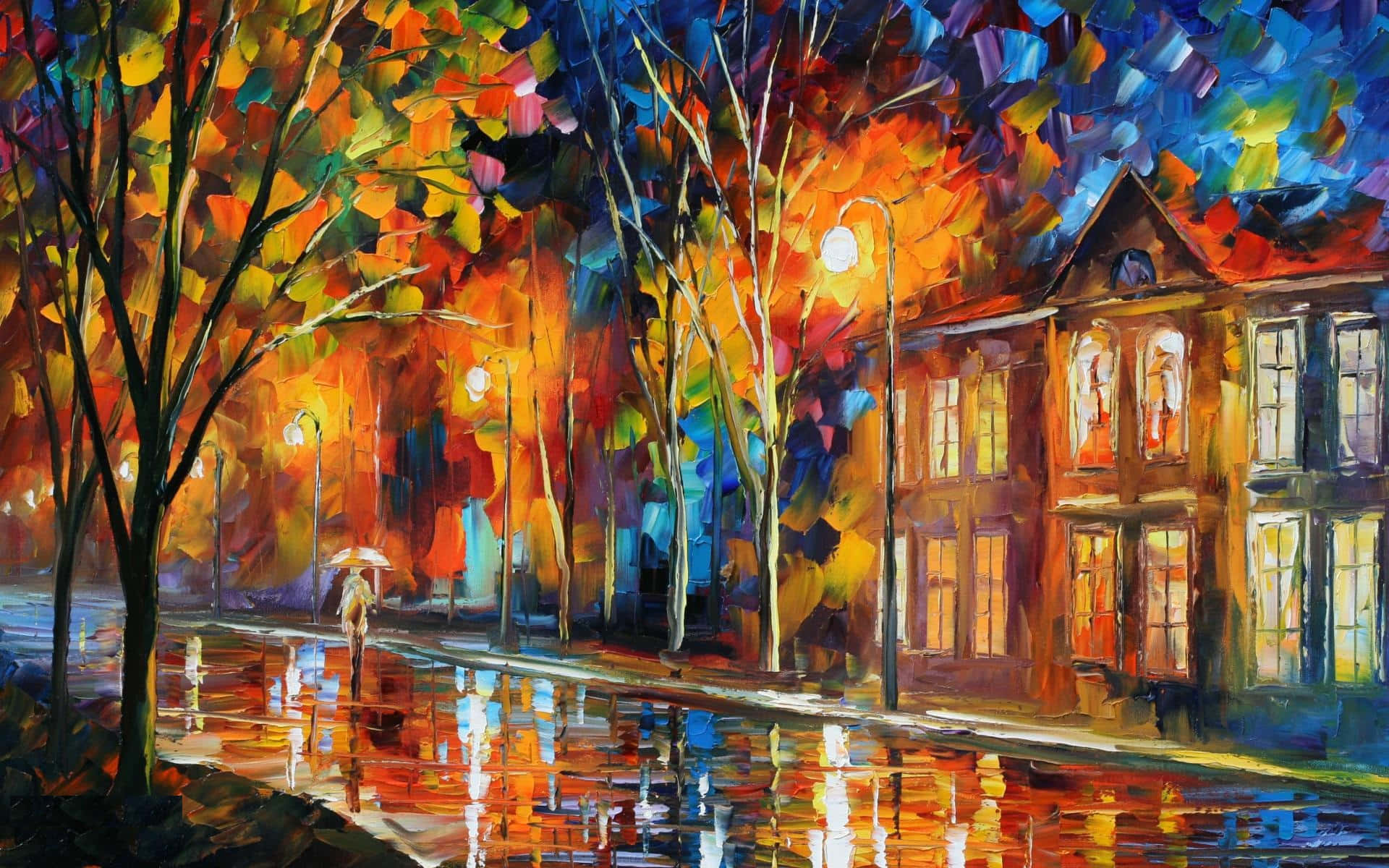 Impressionism 桌布 壁紙 — 一幅充滿活力的油畫，描繪一個雨夜秋夜，一個孤獨的身影撐著傘，走在濕漉漉的街道上，兩旁是色彩繽紛的樹木和溫暖明亮的建築物。