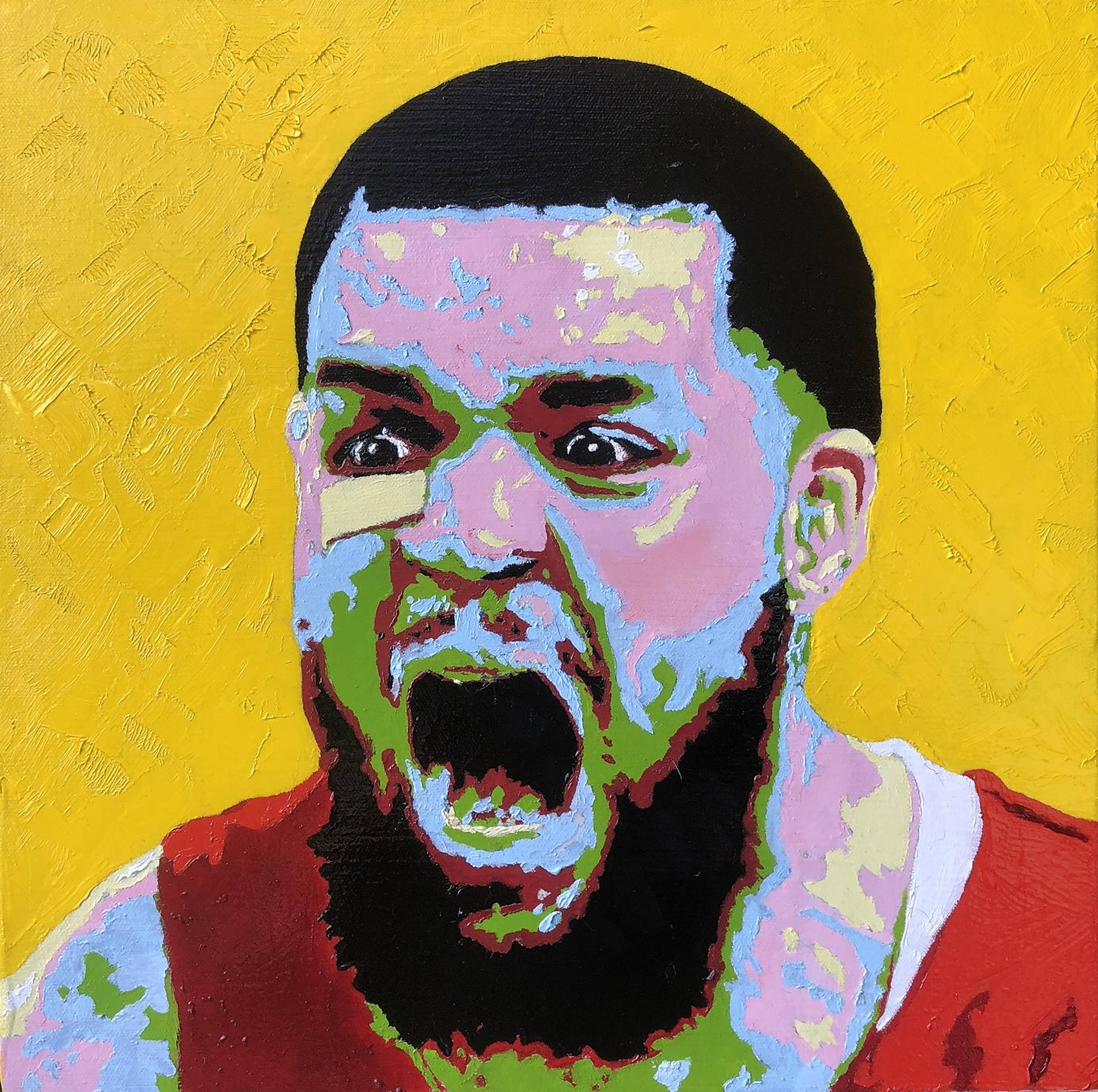Fred Vanvleet 桌布 壁紙 — 一幅充滿活力的油畫，描繪一個鬍鬚男在紋理黃色背景上，帶著強烈情感尖叫。