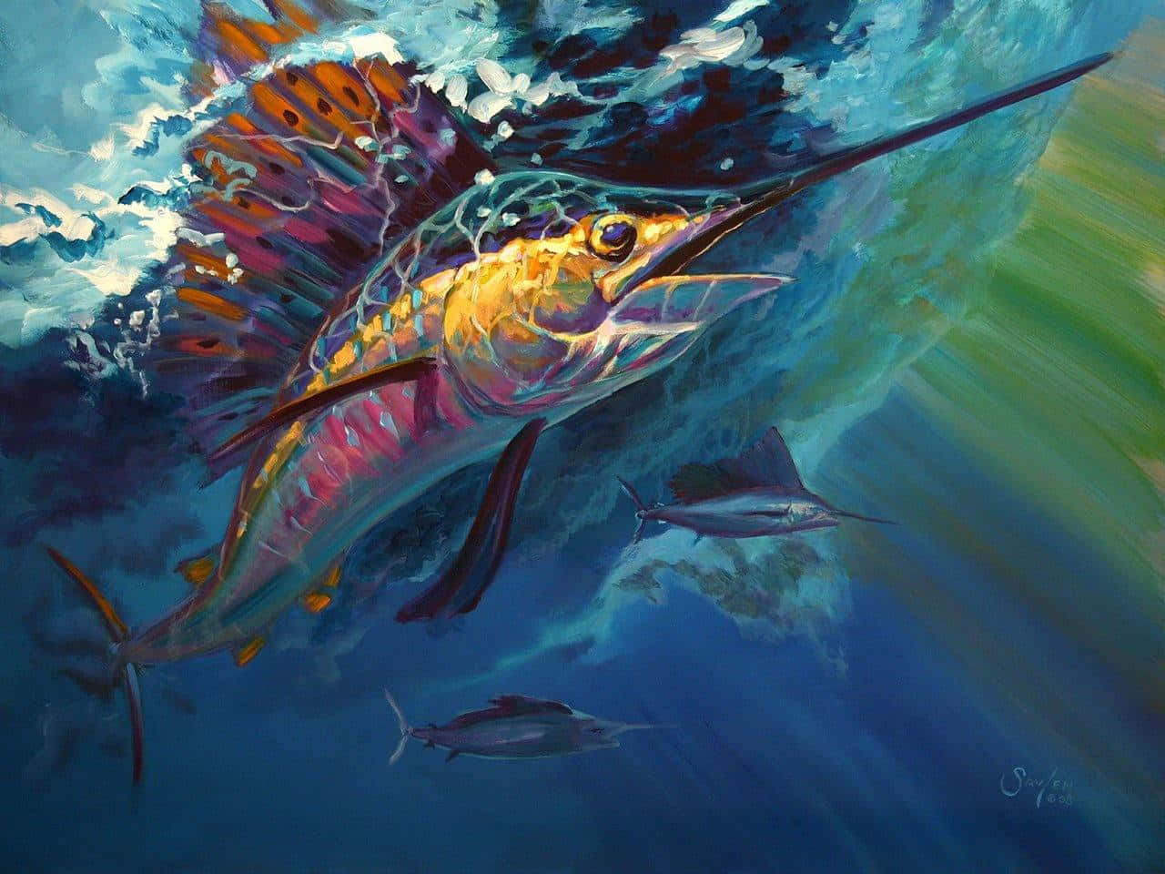 Sailfish 桌布 壁紙 — 一幅充滿活力的油畫，描繪一條旗魚躍過碧綠色的海浪，下方有兩條小魚跟隨。