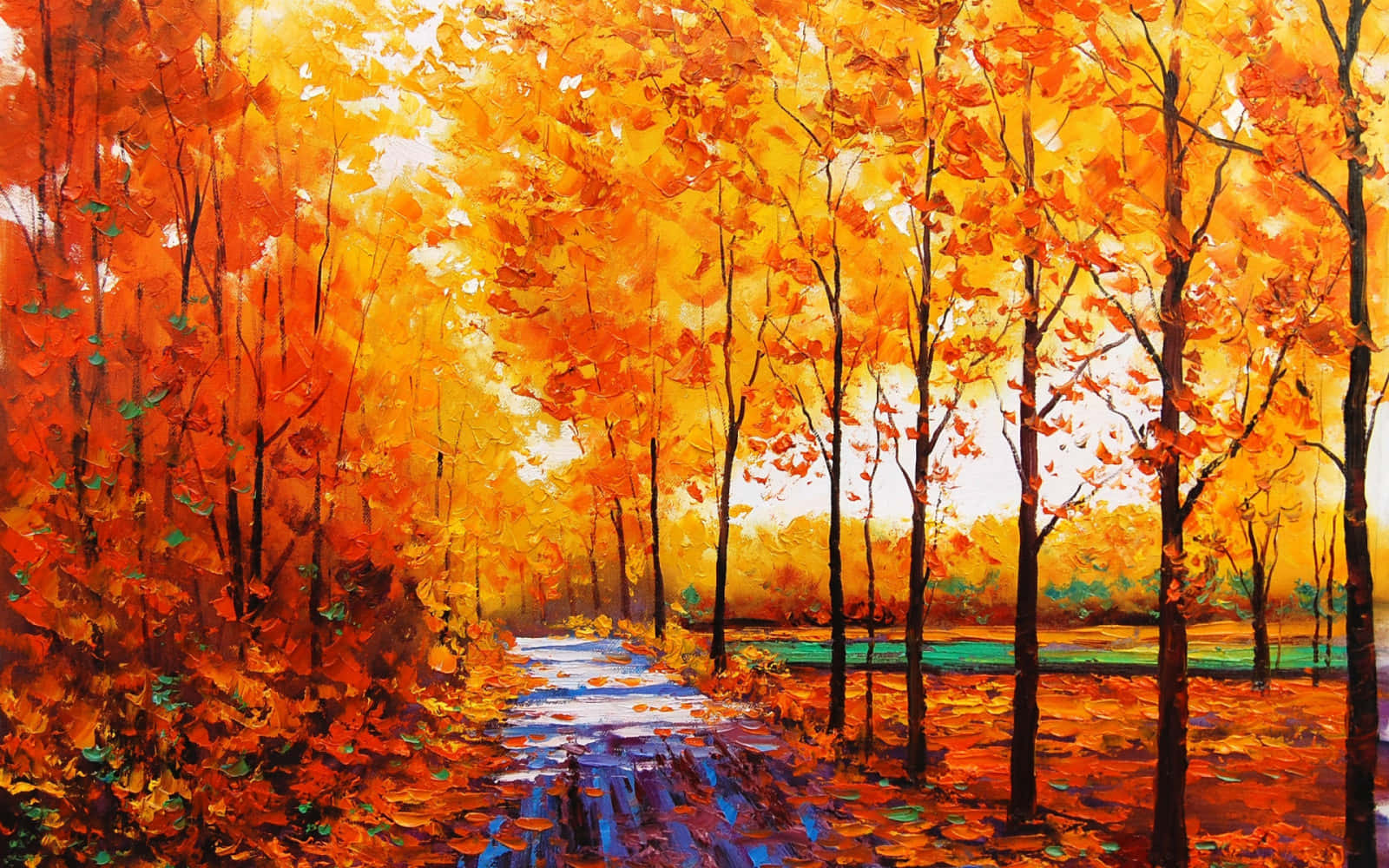 Autumn Trails 桌布 壁紙 — 一幅充滿活力的油畫，描繪一條蜿蜒小徑穿過茂密的森林，樹木呈現火紅的橙色和紅色秋葉。