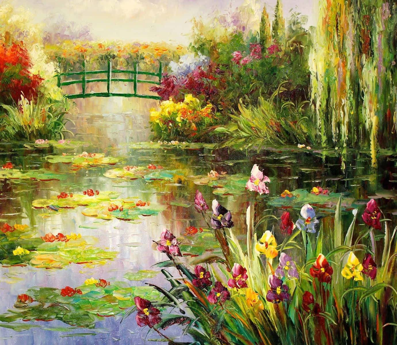 Visual Art 桌布 壁紙 — 一幅充滿活力的油畫，描繪了一個寧靜的池塘，池塘裡佈滿了睡蓮和色彩繽紛的花朵，在柔和的天空下，遠處有一座綠色的橋。