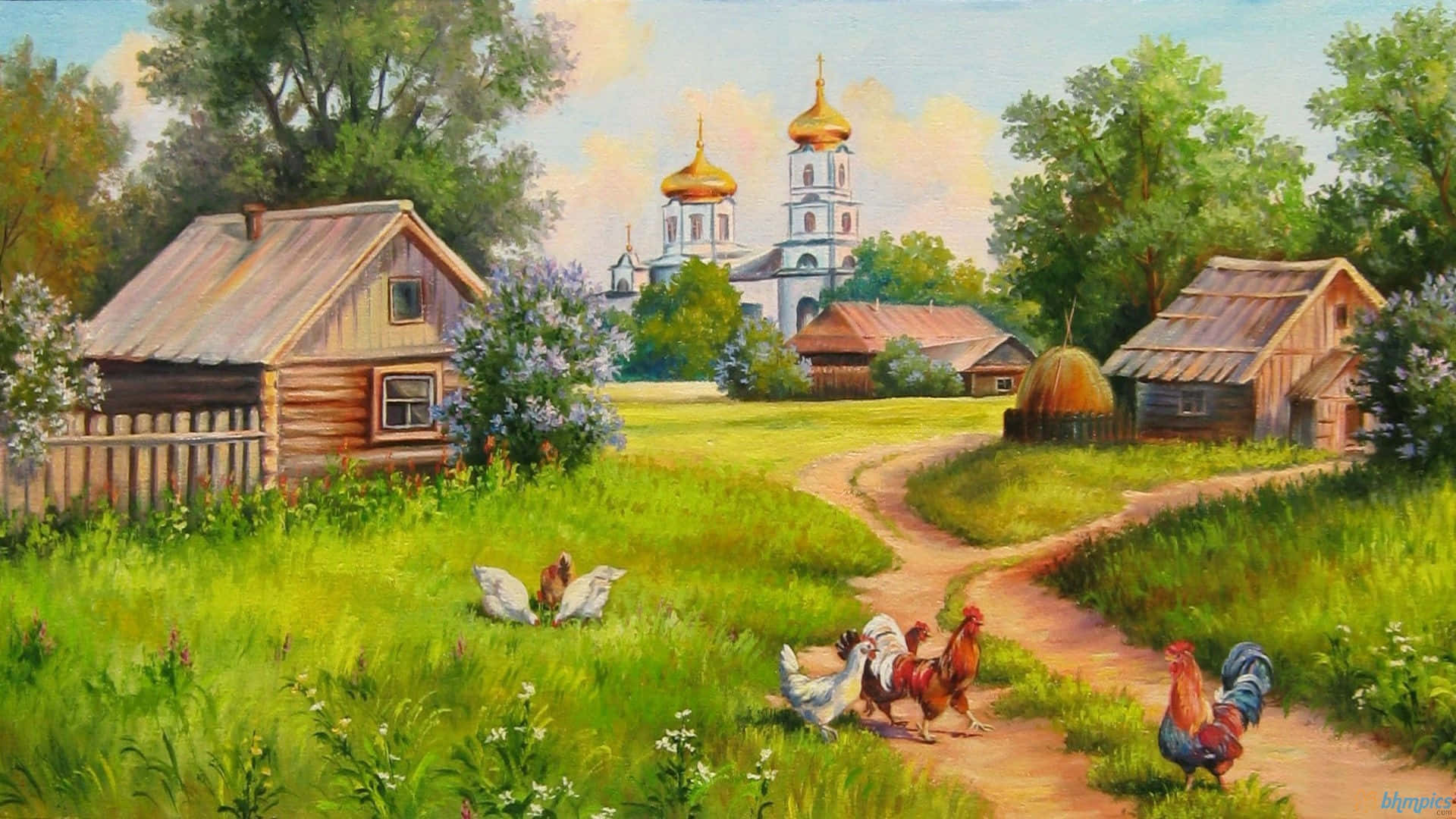Village 桌布 壁紙 — 一幅充滿活力的油畫，描繪了一個質樸的村莊，有木屋、雞隻和一座金色圓頂教堂，坐落在綠樹叢中。