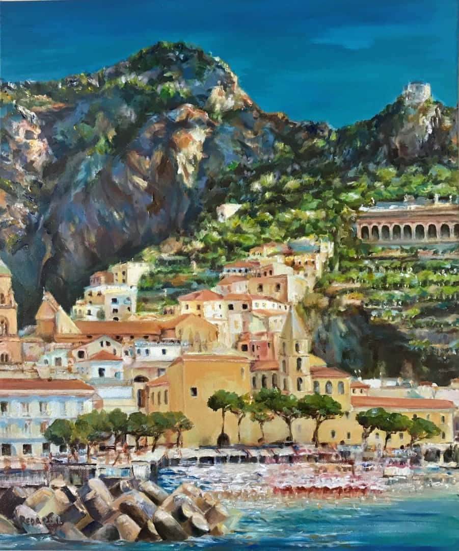 Mediterranean Beach 桌布 壁紙 — 一幅充滿活力的油畫，描繪了一個陽光明媚的海岸村莊，緊貼在碧綠海水之上的陡峭綠色山坡上。