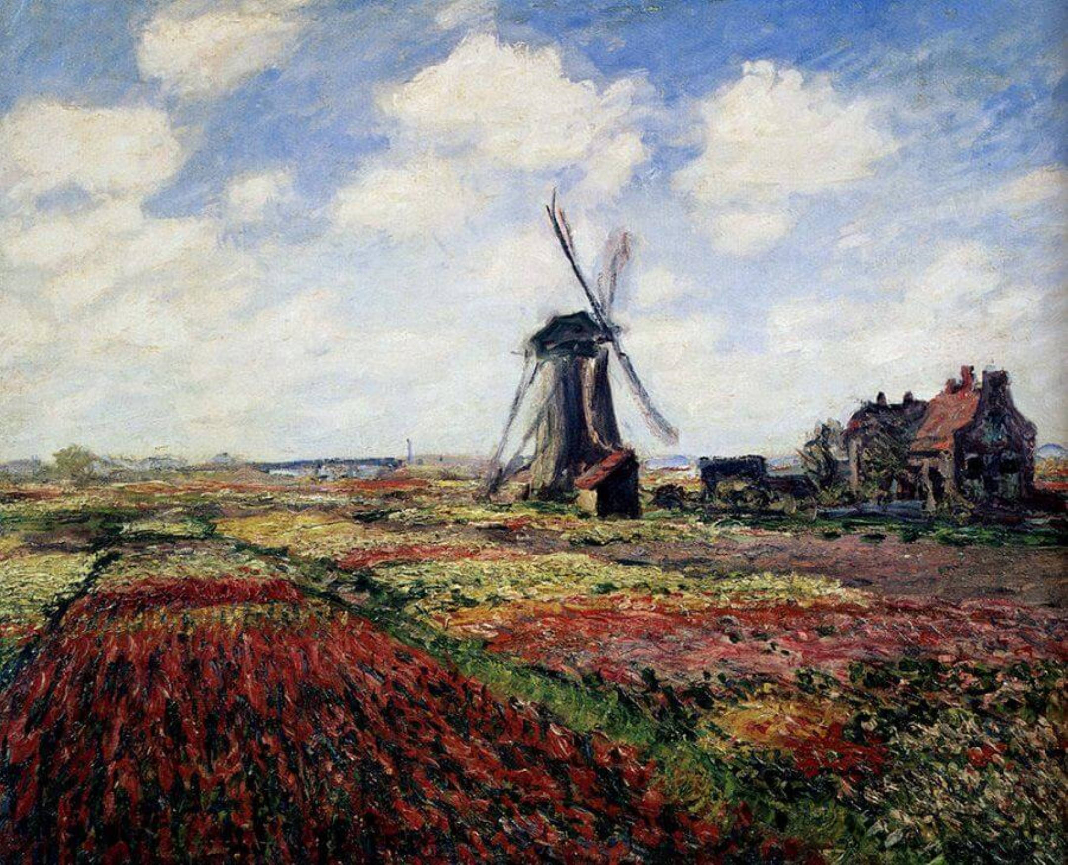 Monet 桌布 壁紙 — 一幅充滿活力的油畫，描繪了一座荷蘭風車在陰雲密布的天空下矗立於色彩繽紛的花田之中。