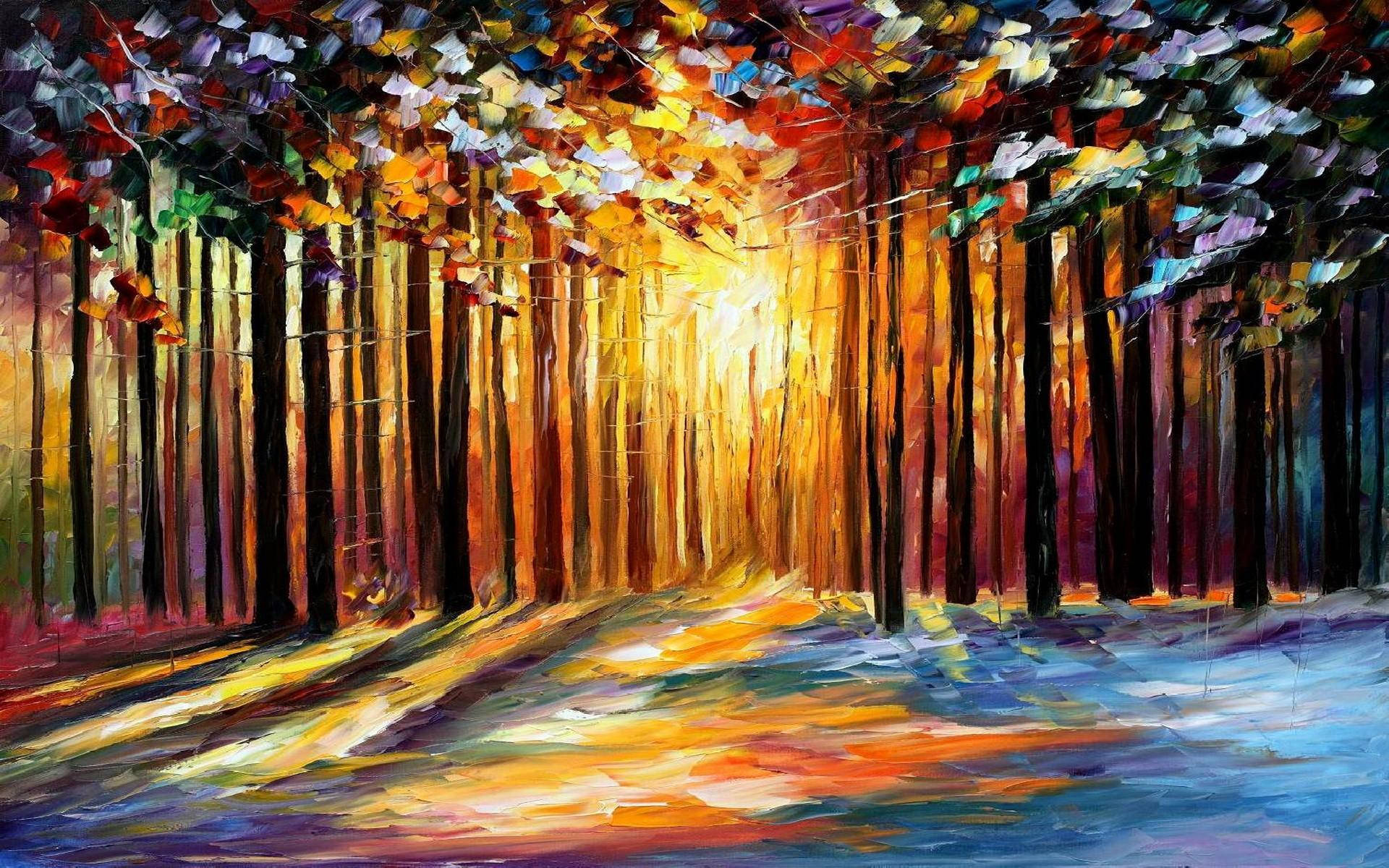 藝術 桌布 壁紙 — 一幅充滿活力的油畫，描繪了一條沐浴在金色陽光中的森林小徑，陽光透過色彩繽紛的秋葉灑落。