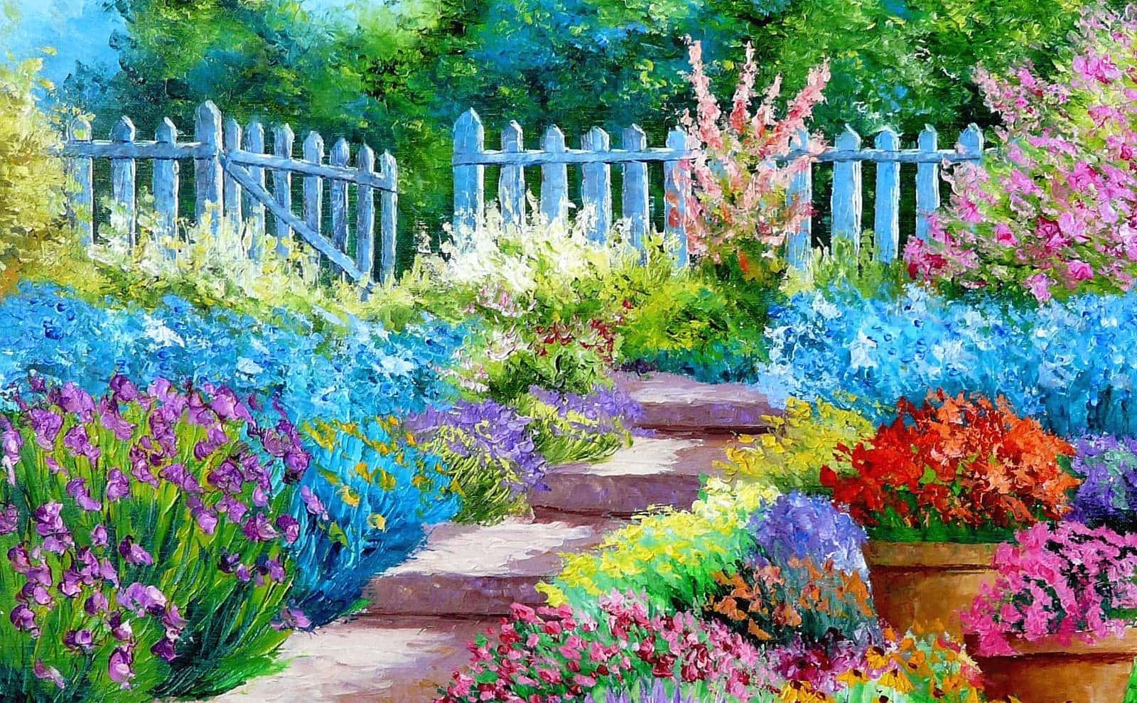 Garden 桌布 壁紙 — 一幅充滿活力的油畫，描繪了一條石徑蜿蜒穿過色彩繽紛的花園，花園裡開滿了紫色、粉紅色和藍色的花朵，天空明亮。