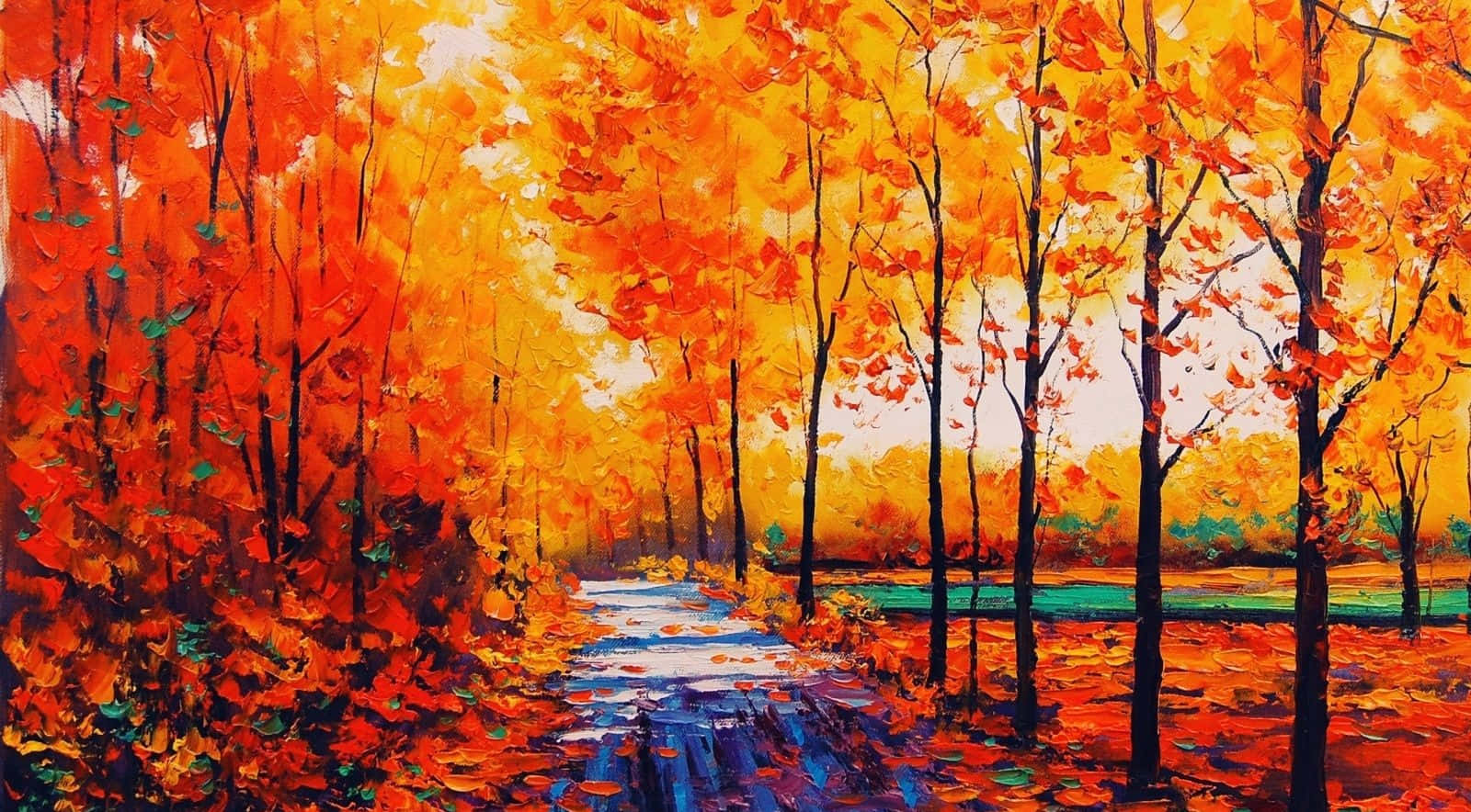Oil Painting 桌布 壁紙 — 一幅充滿活力的油畫，描繪了一條蜿蜒的小路穿過一片被火紅橙色和紅色秋葉點燃的森林，在溫暖發光的天空下。