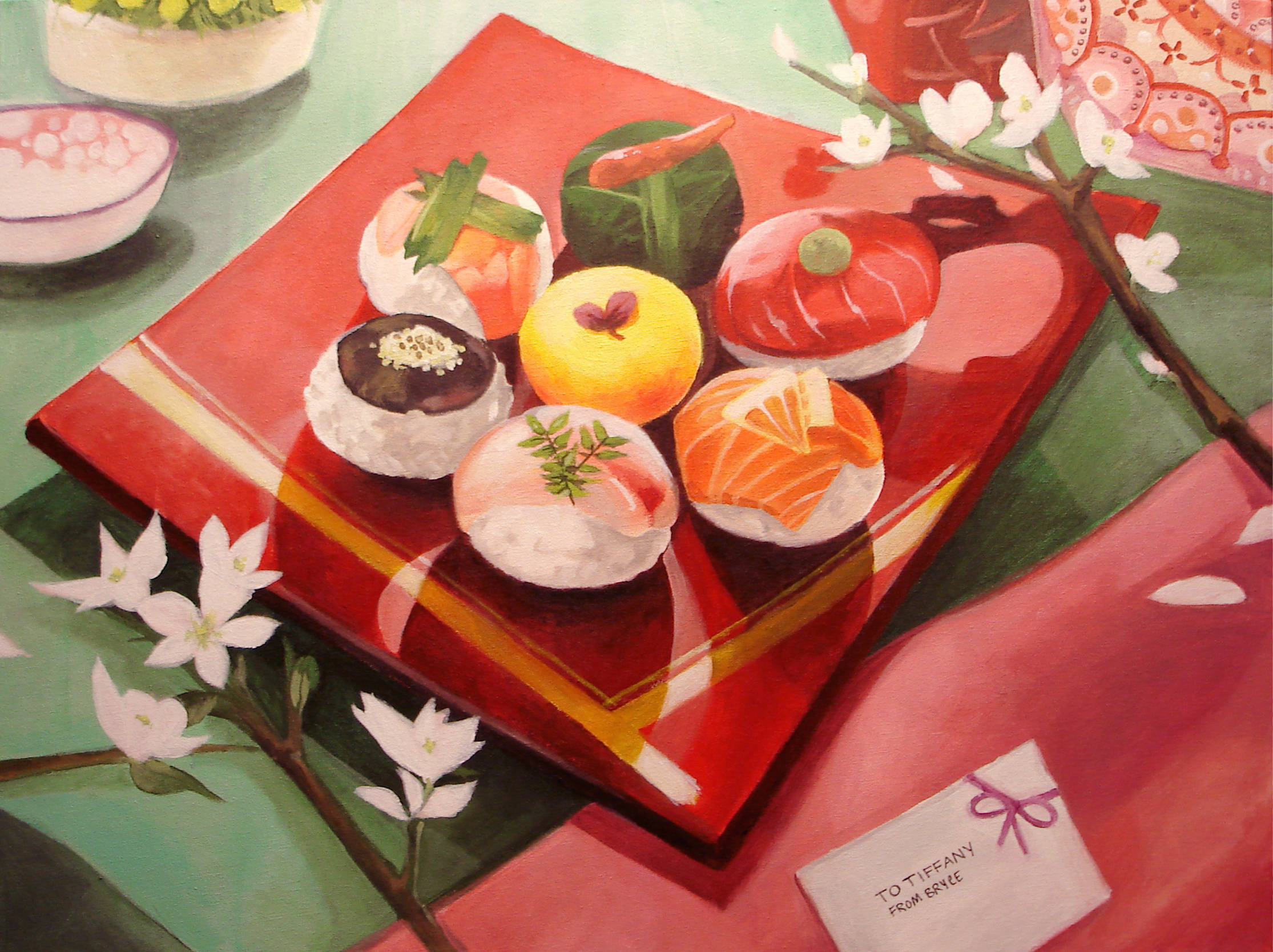 Sushi 桌布 壁紙 — 一幅充滿活力的油畫，描繪了各式壽司和甜點擺放在紅色漆盤上，旁邊有櫻花和禮品卡。
