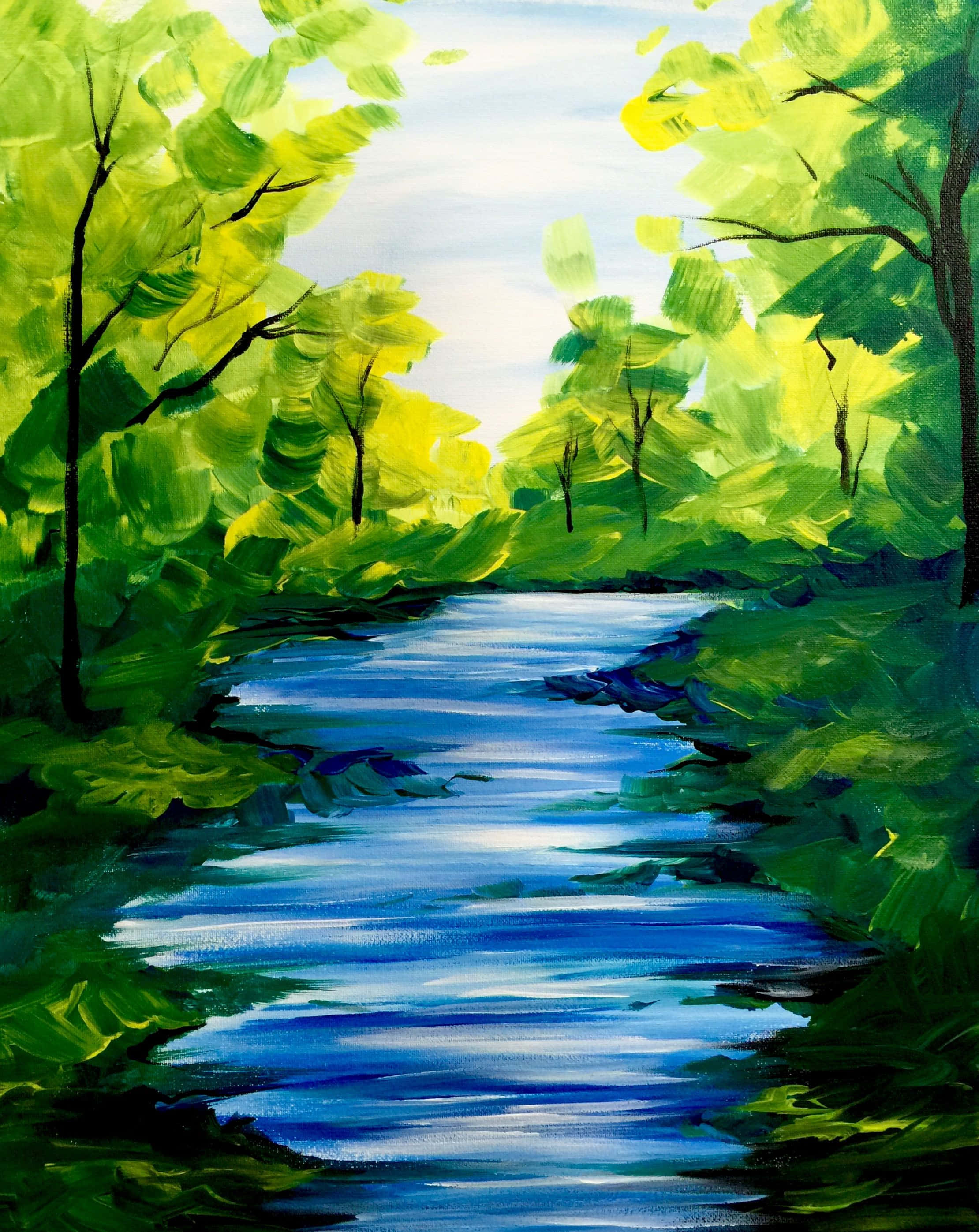 Painting 桌布 壁紙 — 一幅充滿活力的油畫，描繪了在明亮天空下，蜿蜒的藍色河流兩旁綠樹成蔭。