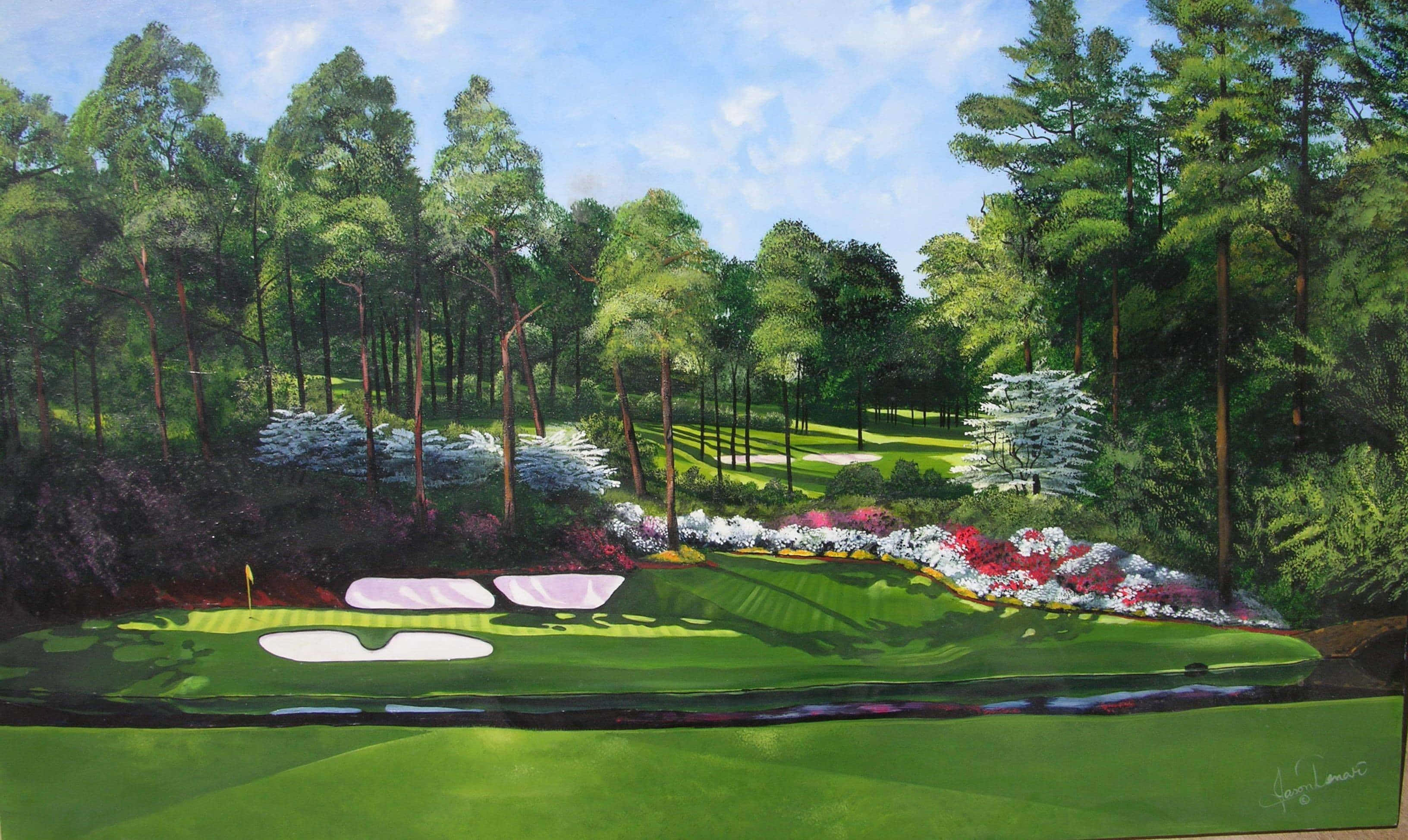 Augusta National iPhone 桌布 壁紙 — 一幅充滿活力的油畫，描繪了在明亮藍天下，被高大松樹和色彩繽紛的花壇環繞的高爾夫球場果嶺。