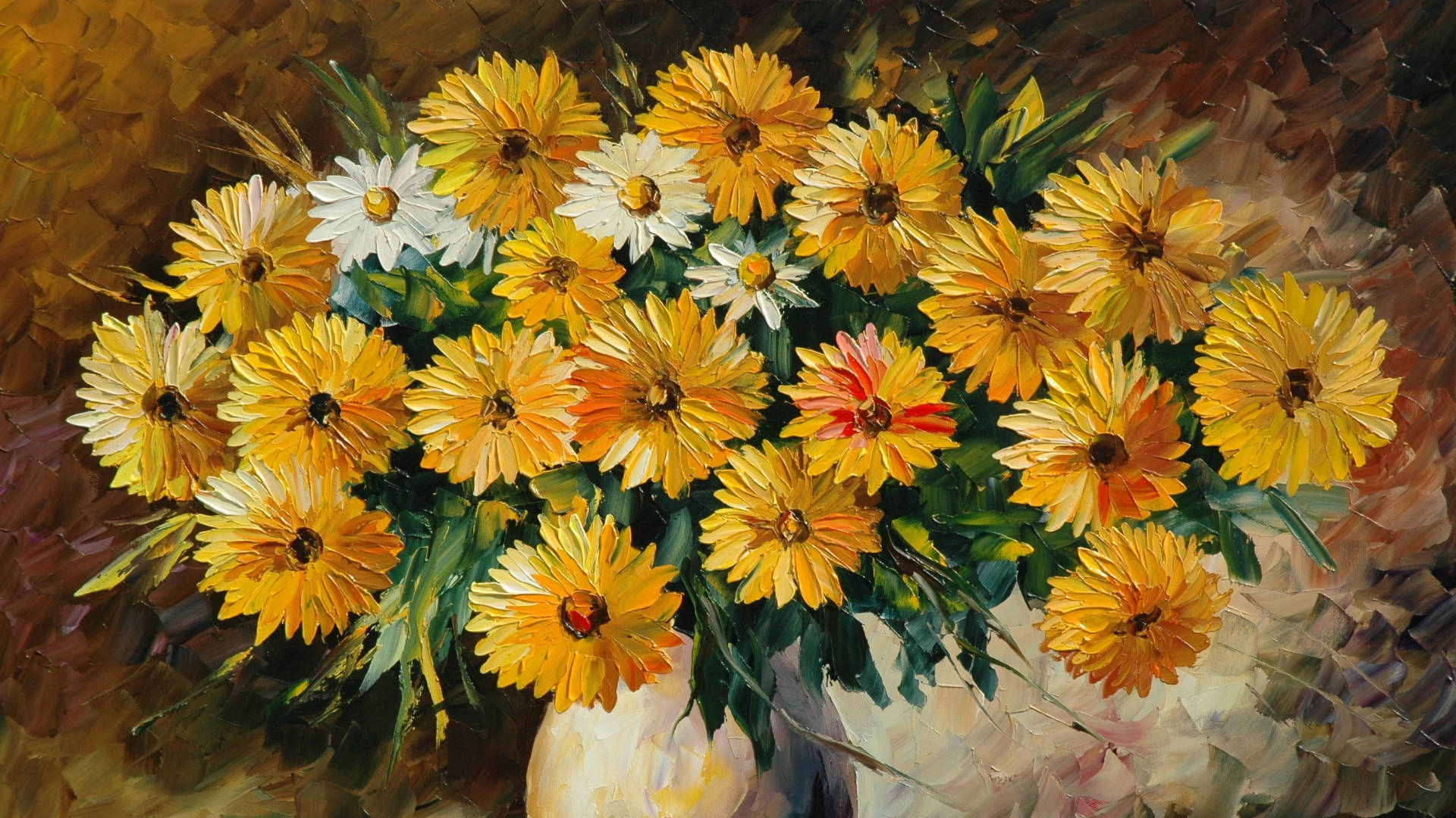 Painting 桌布 壁紙 — 一幅充滿活力的油畫，描繪了在質感棕色背景前，花瓶裡插著黃色雛菊和白色雛菊的陽光燦爛花束。