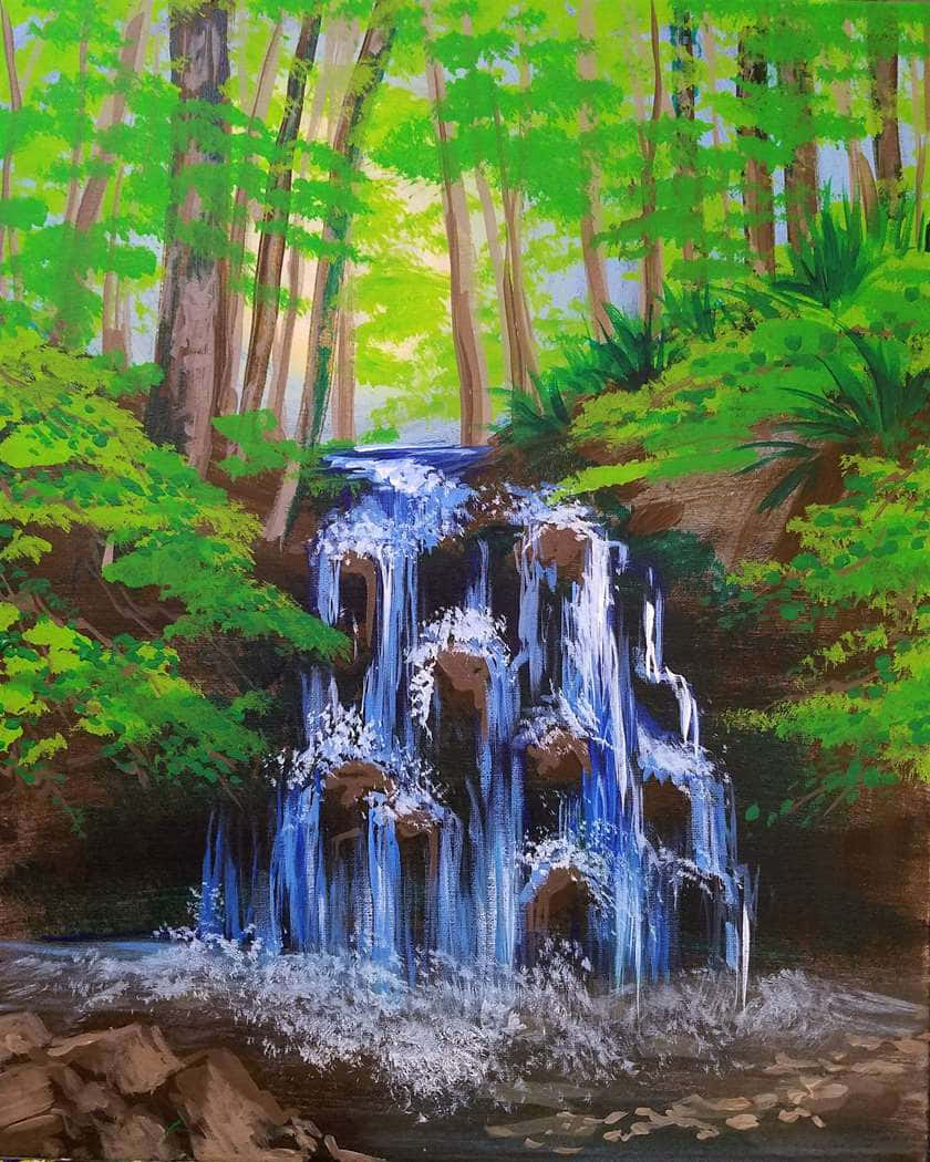 Green Forest 桌布 壁紙 — 一幅充滿活力的油畫，描繪了層疊的瀑布，周圍是茂密的綠色森林，斑駁的陽光穿過樹木。