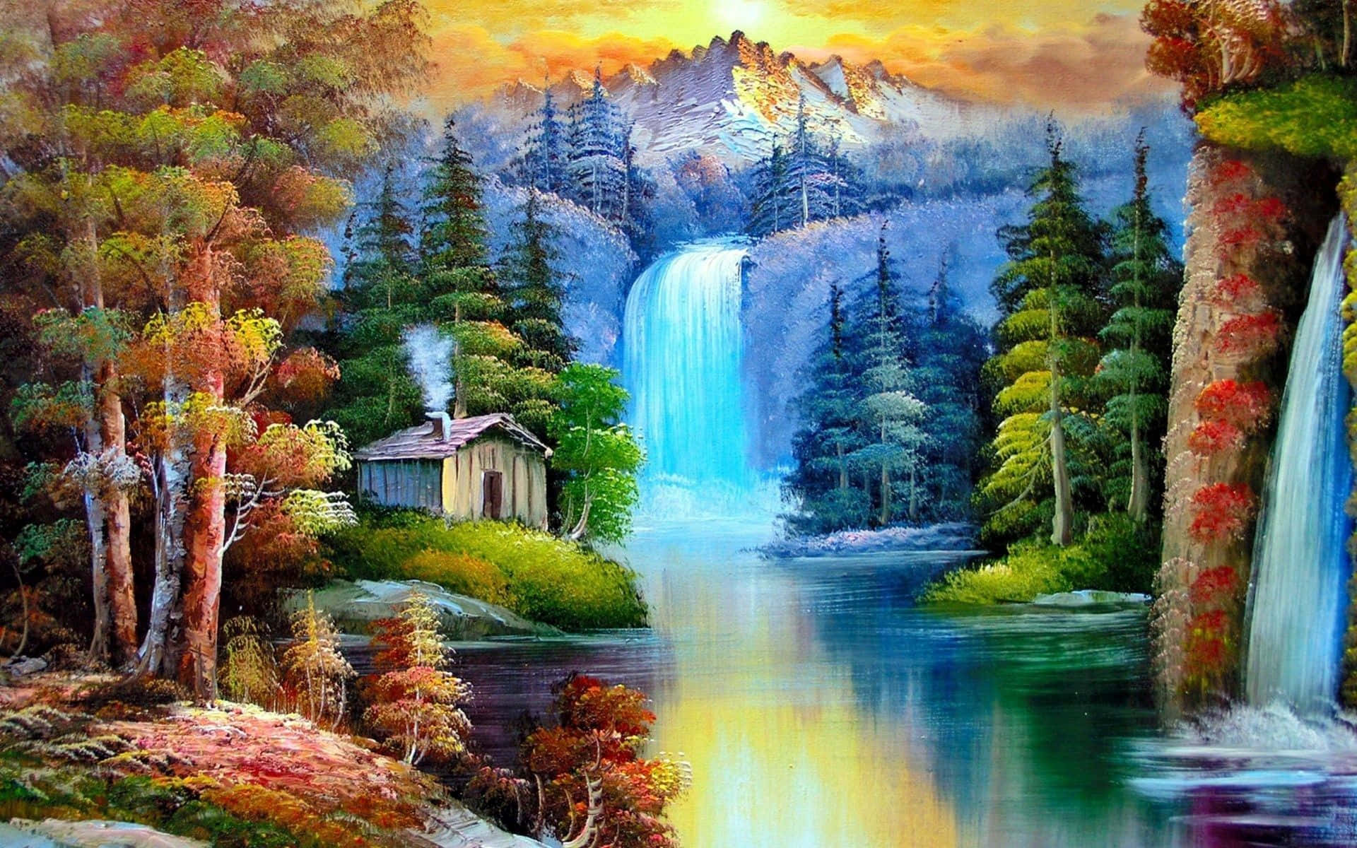 Beautiful Art 桌布 壁紙 — 一幅充滿活力的油畫，描繪了山間瀑布傾瀉入河，旁邊是一座被秋樹環繞的質樸小屋。