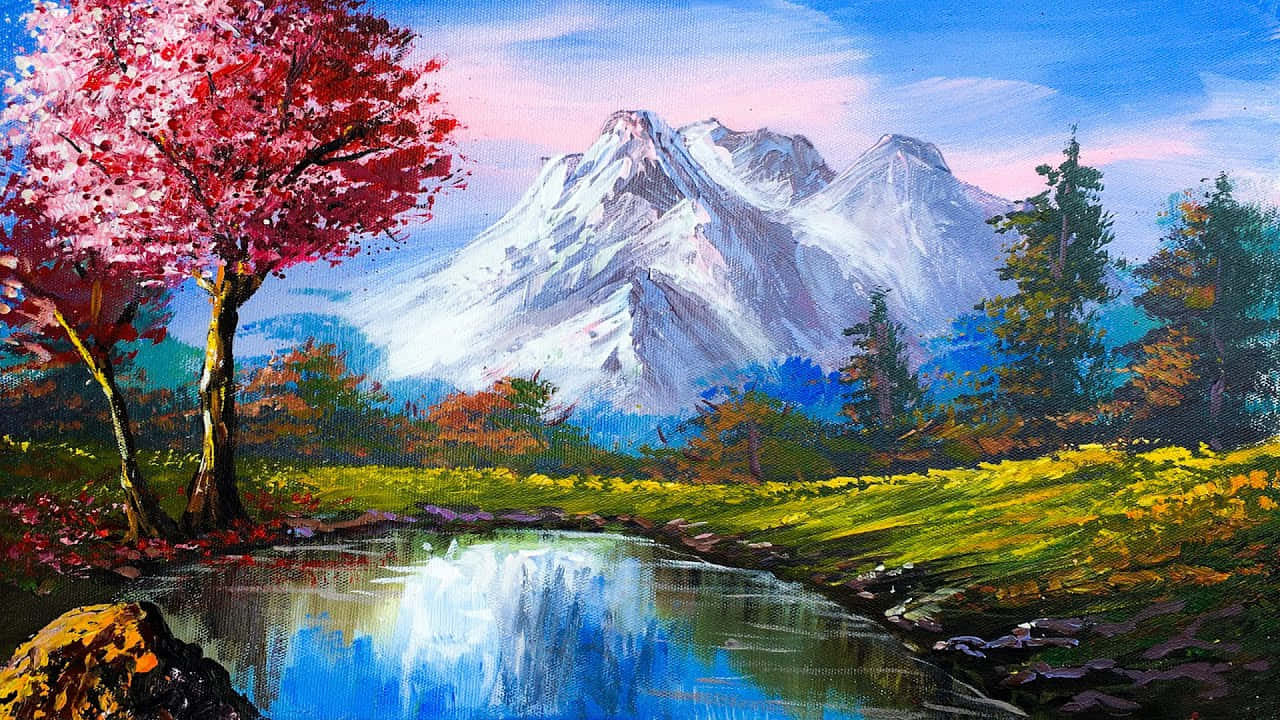 Beautiful Art 桌布 壁紙 — 一幅充滿活力的油畫，描繪了櫻花樹旁邊一條反射著景色的溪流，背景是白雪覆蓋的山峰。