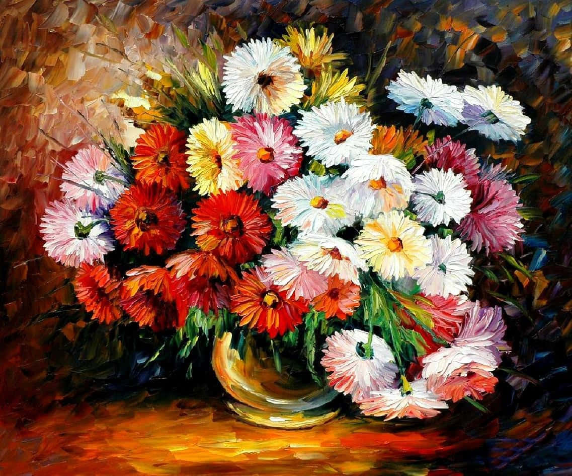 Painting 桌布 壁紙 — 一幅充滿活力的油畫，描繪了金色花瓶中的彩色雛菊花束，背景為深色紋理。
