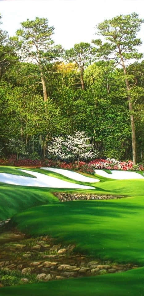 Pixel 3 Golf Course 桌布 壁紙 — 一幅充滿活力的油畫，描繪了鬱鬱蔥蔥的高爾夫球場，起伏的綠色球道、沙坑和茂密的森林背景。