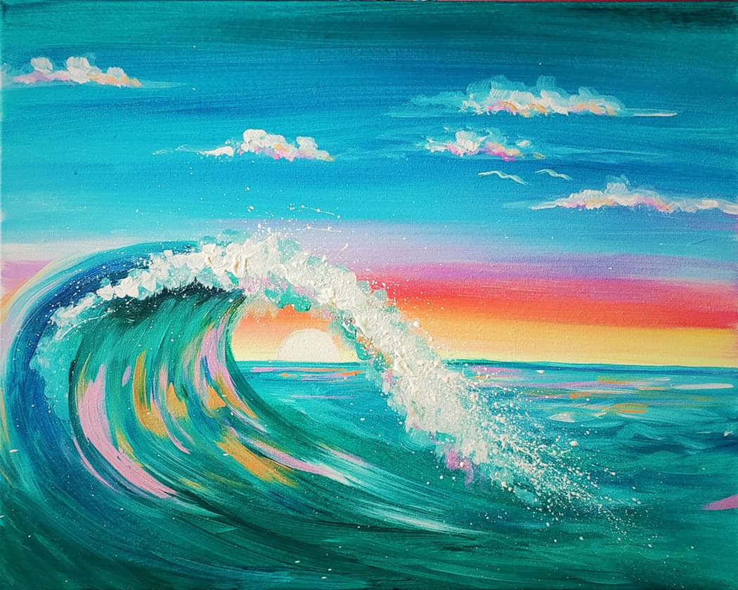 彩色動圖 桌布 壁紙 — 一幅充滿活力的油畫，描繪巨大的藍綠色海浪在日落時翻捲，天空呈粉橙色，雲朵散佈。