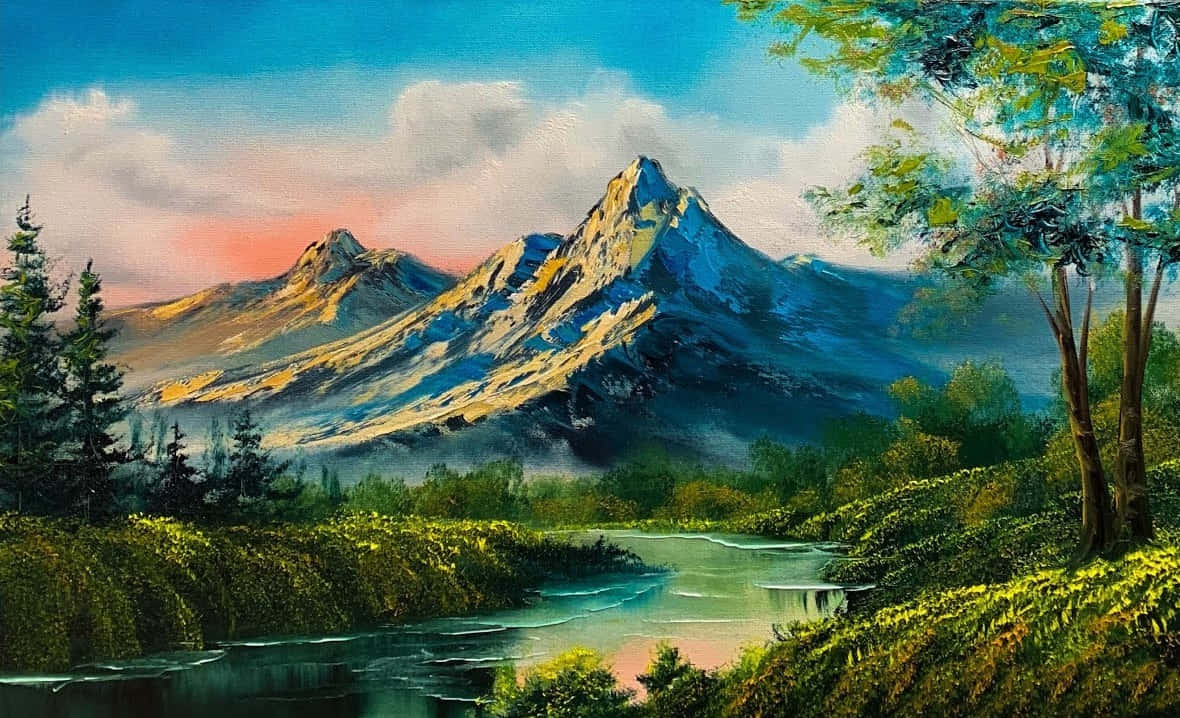 Painting 桌布 壁紙 — 一幅充滿活力的油畫，描繪日落時分白雪覆蓋的山脈，前景有蜿蜒的河流和茂密的綠樹。
