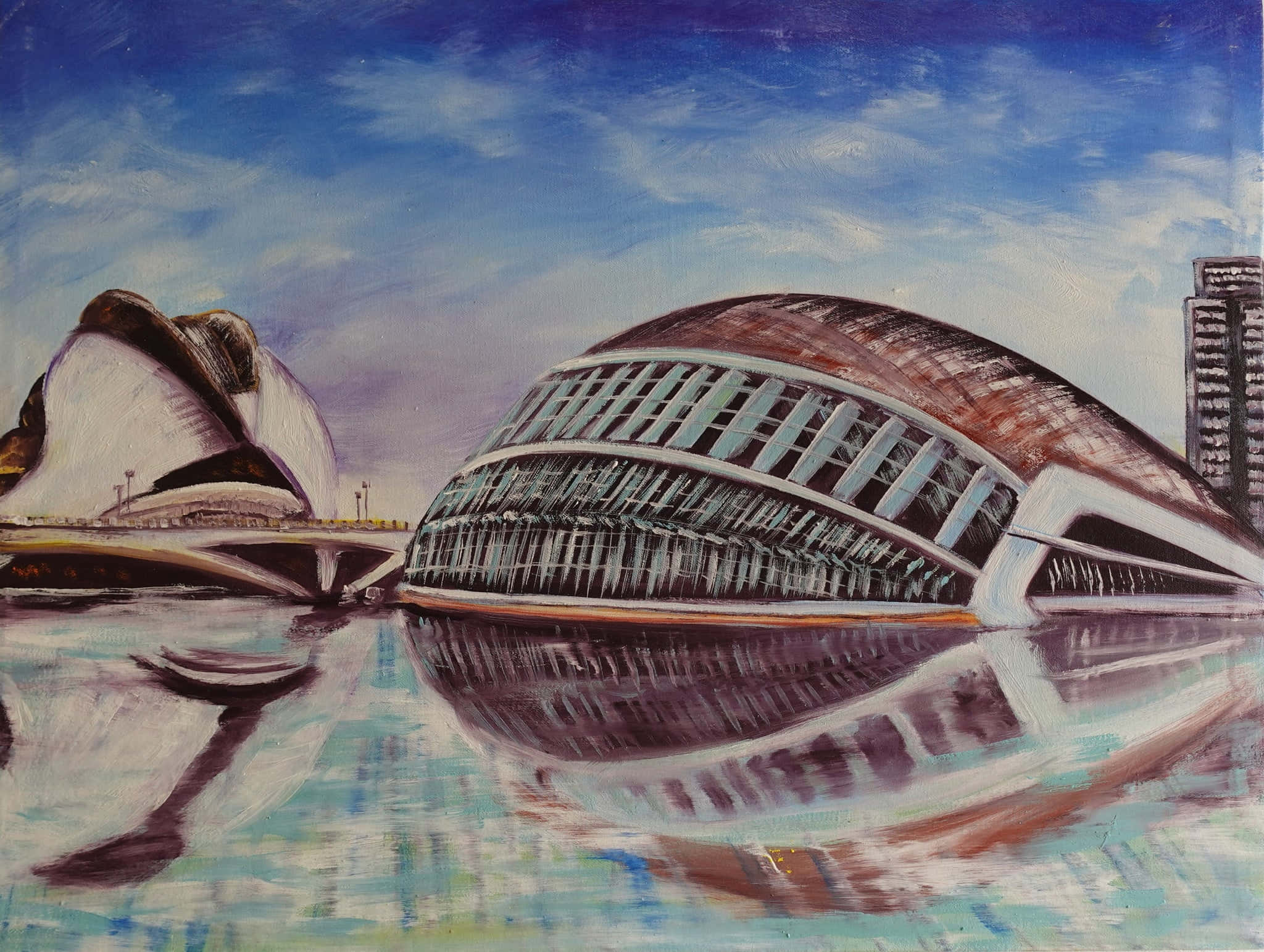 建築 桌布 壁紙 — 一幅充滿活力的油畫，描繪未來主義建築，弧形圓頂在藍天下倒映在漣漪的水面上。