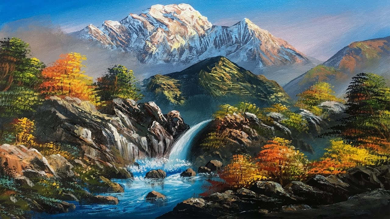 Painting 桌布 壁紙 — 一幅充滿活力的油畫，描繪瀑布在秋色森林中奔流而下，下方是白雪覆蓋的山脈。