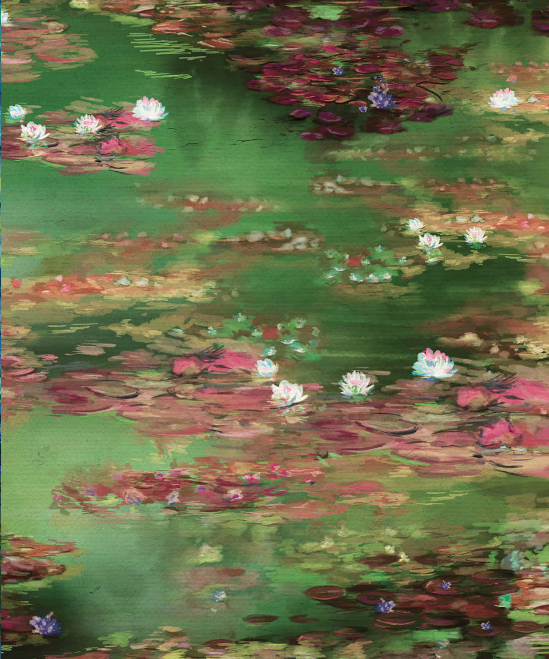 白色 桌布 壁紙 — 一幅充滿活力的油畫，描繪睡蓮漂浮在綠色池塘上，帶有粉紅色和白色的花朵以及斑駁的倒影。