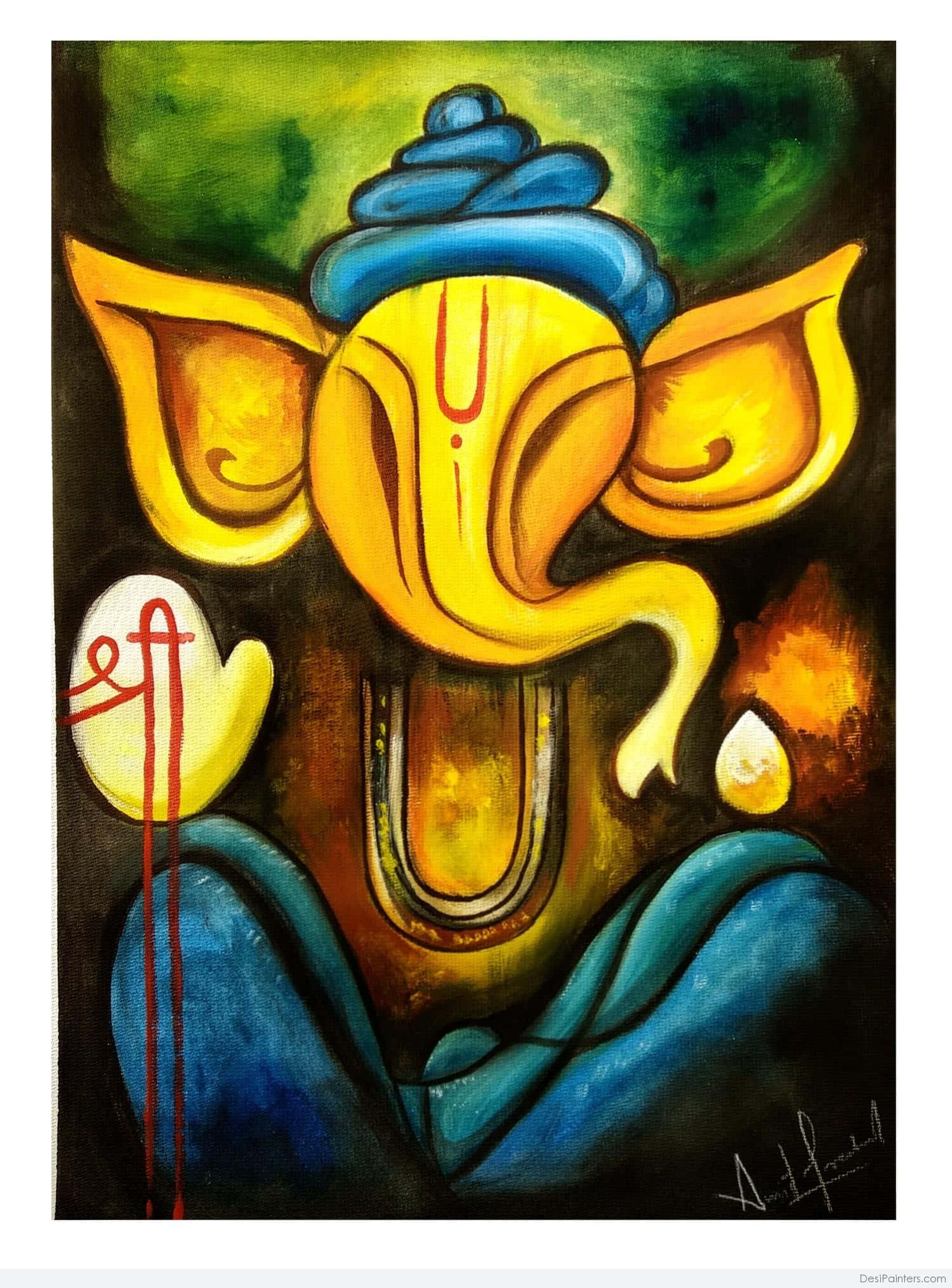 象神 桌布 壁紙 — 一幅充滿活力的油畫，描繪象頭神 Lord Ganesha，金色頭部、藍色身體和富有表現力的眼睛，背景為深綠色。