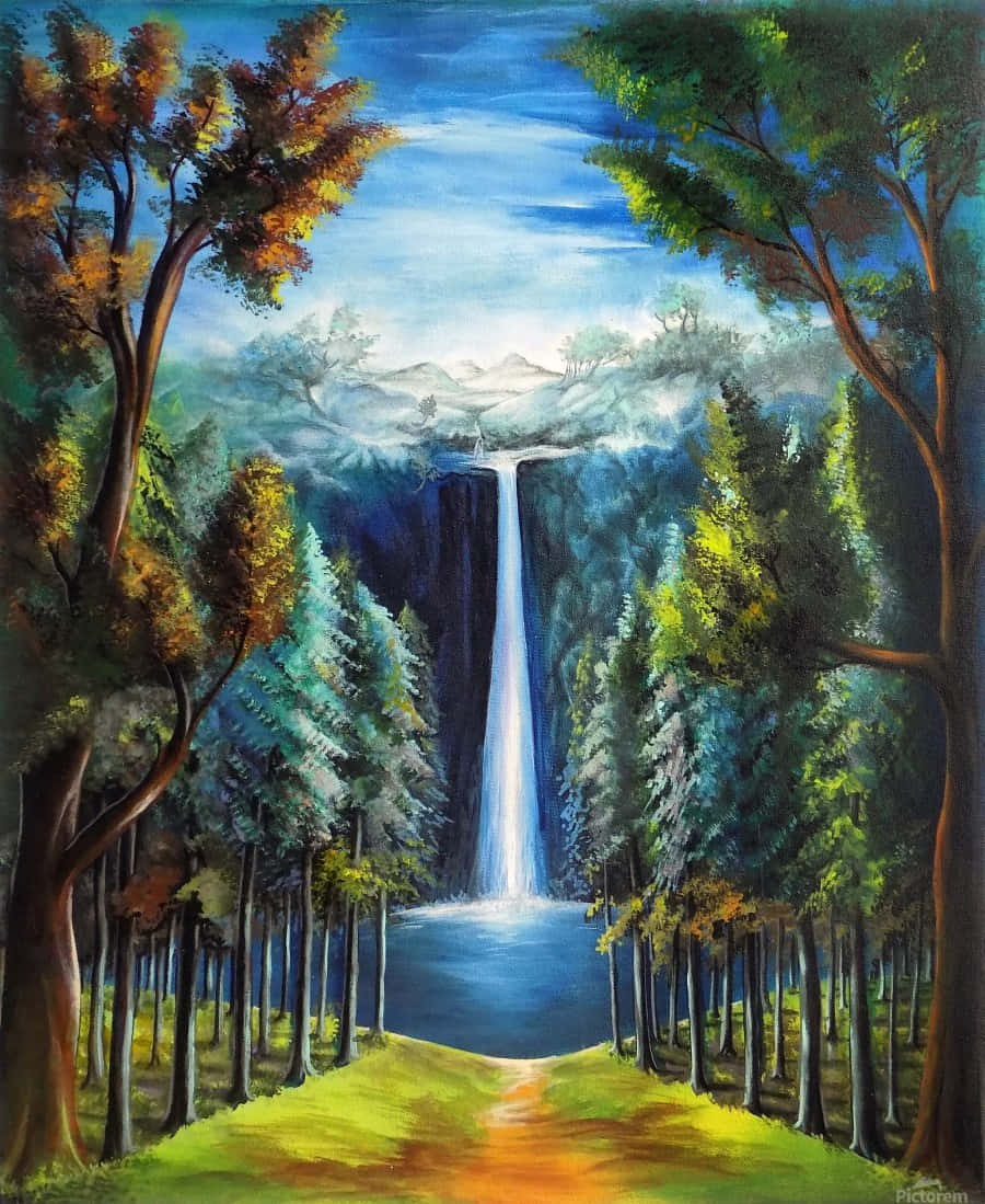 Beautiful Art 桌布 壁紙 — 一幅充滿活力的油畫，描繪雄偉的瀑布穿過茂密的森林，一條陽光普照的小路通向瀑布底部。
