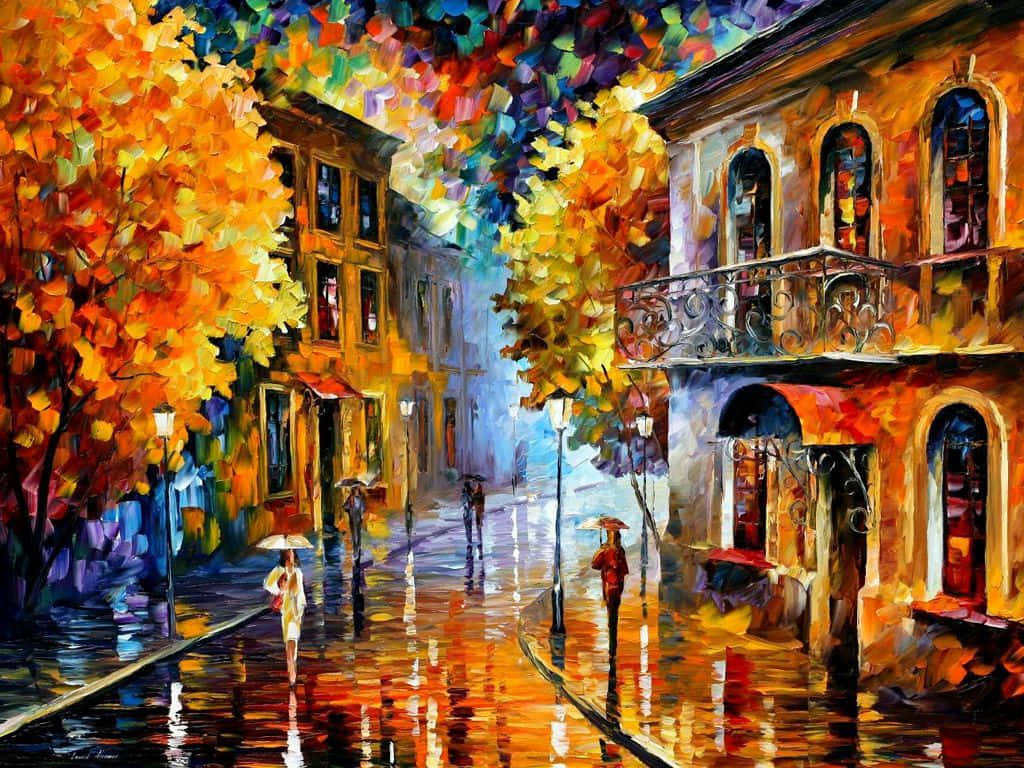 Oil Painting 桌布 壁紙 — 一幅充滿活力的油畫，描繪雨中的秋日街道，金色的樹木倒映在濕漉漉的鵝卵石上，行人撐著傘漫步。