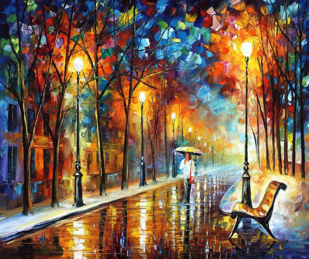 Painting 桌布 壁紙 — 一幅充滿活力的油畫，描繪雨夜的城市街道，一個孤獨的身影在發光的街燈下撐著傘。