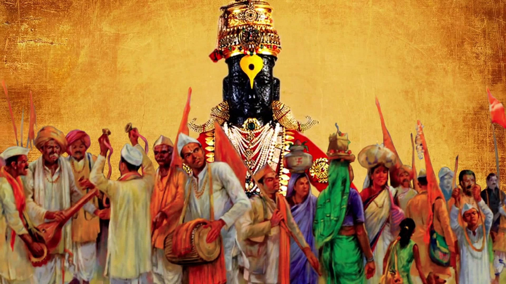 Hindu God 桌布 壁紙 — 一幅充滿活力的油畫描繪了一位黑色皮膚的神祇，飾有金色珠寶和紅色服飾，周圍是色彩繽紛的信徒群眾，他們打鼓並舉旗，背景是燦爛的金色。