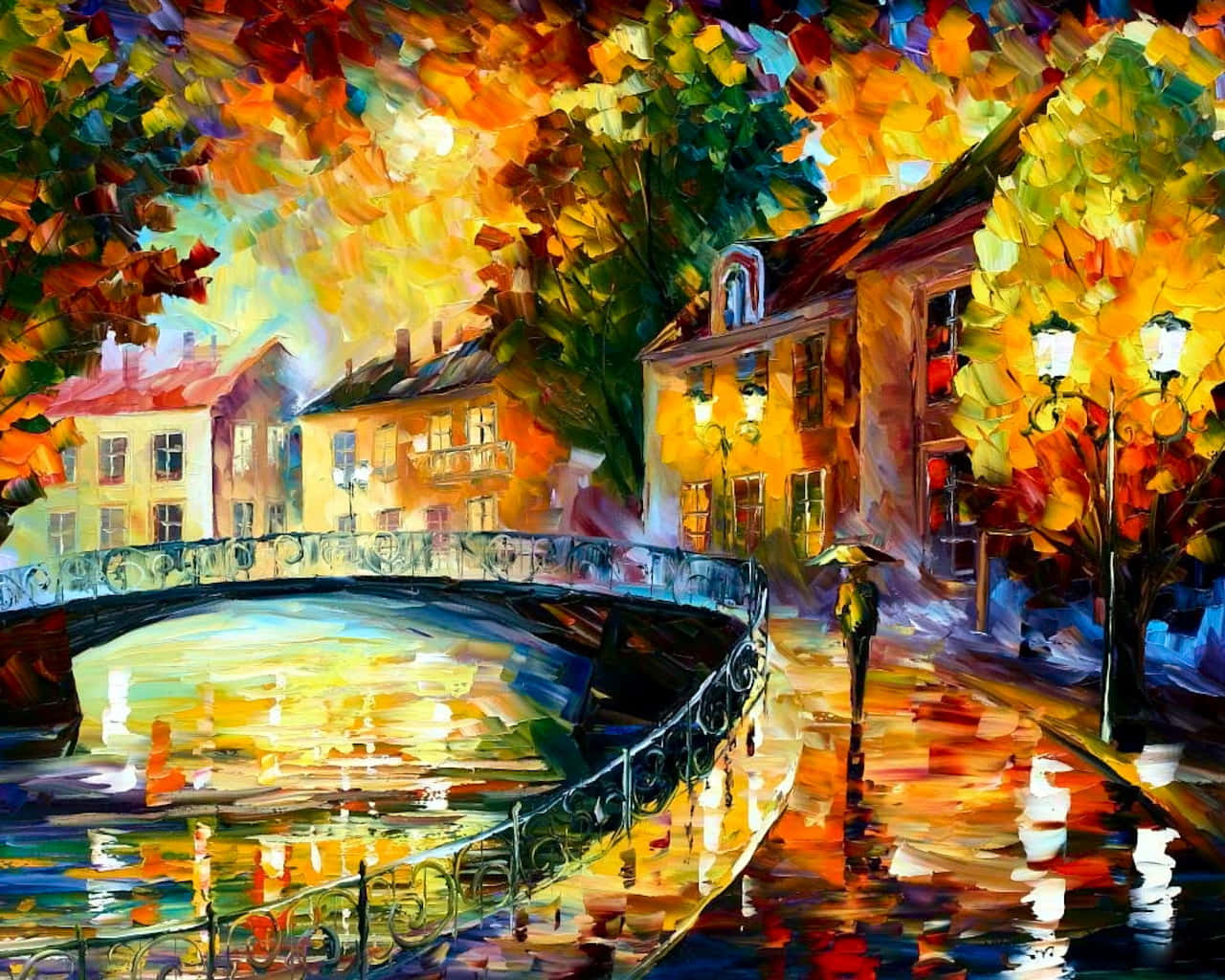 Beautiful Painting 桌布 壁紙 — 一幅充滿活力的油畫描繪了一個下雨的秋日，一個孤獨的身影撐著傘走過運河上的一座橋，周圍是色彩繽紛的樹葉和溫暖燈光的建築物。