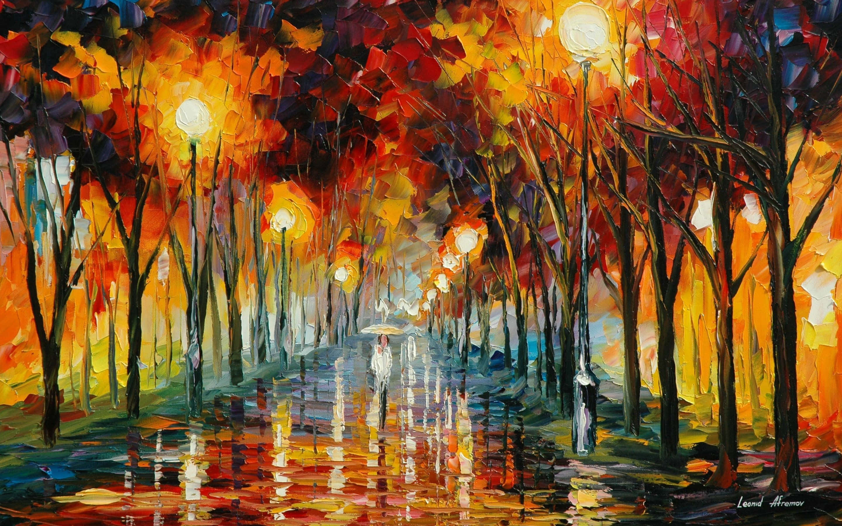 Beautiful Art 桌布 壁紙 — 一幅充滿活力的油畫描繪了一個孤獨的身影撐著傘，走在濕漉漉的秋日街道上，街道兩旁的樹木在路燈下閃爍著光芒。