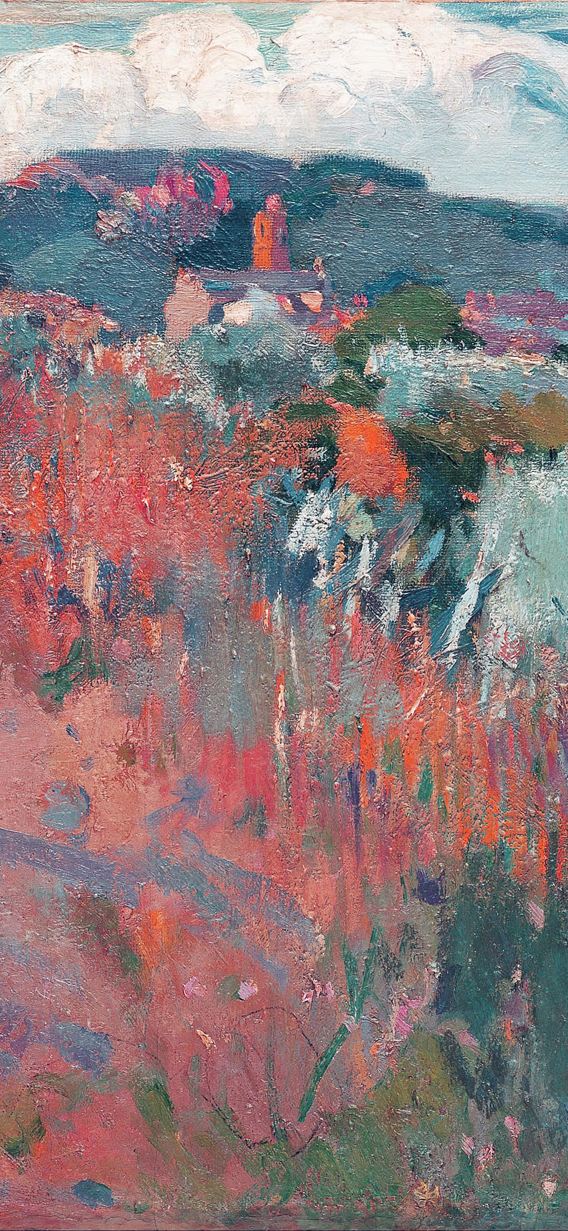 桌布 壁紙 — 一幅充滿活力的油畫描繪了一個山坡村莊，紅色屋頂隱藏在秋日樹木之間，天空多雲。