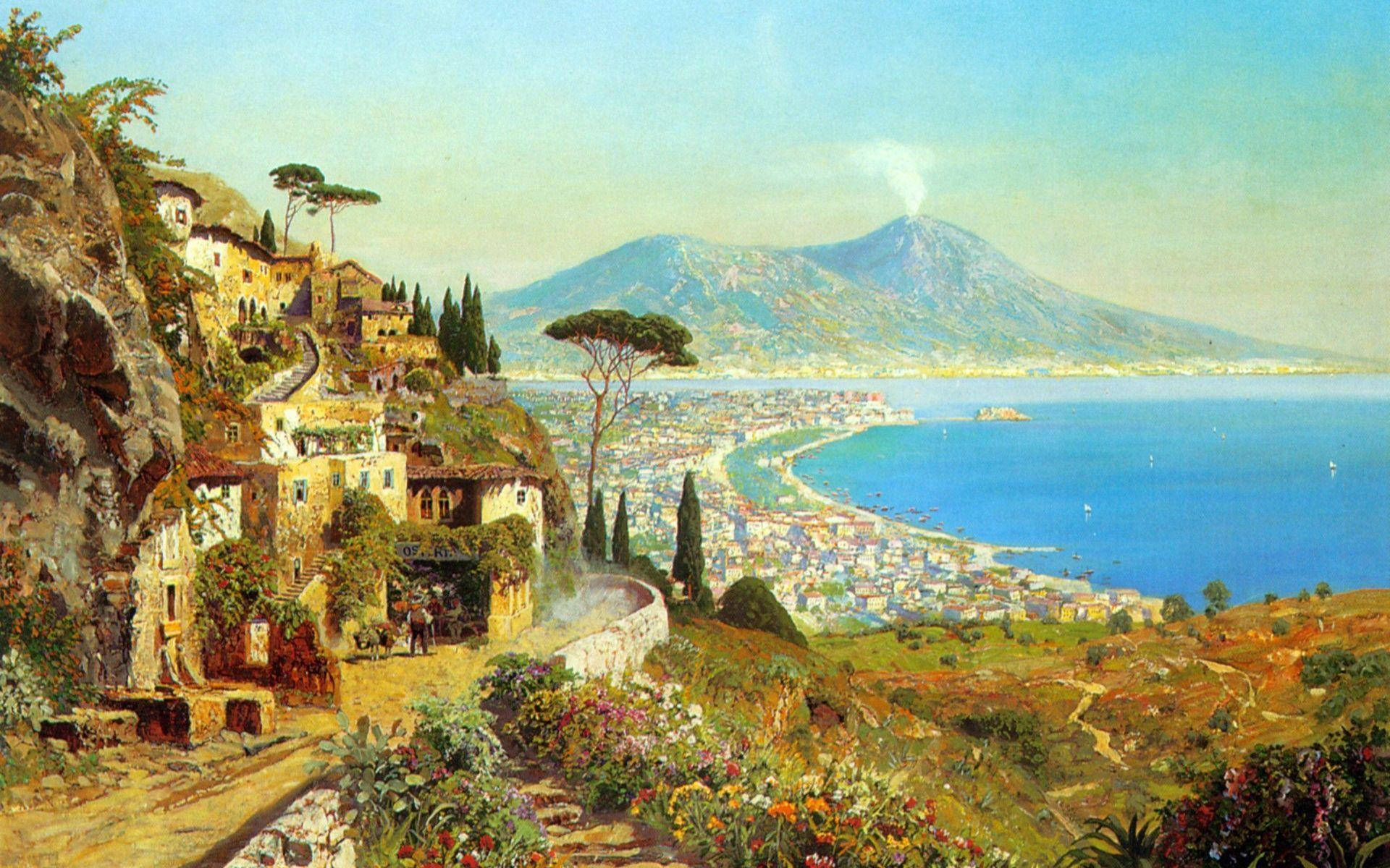 Naples 桌布 壁紙 — 一幅充滿活力的油畫描繪了一個陽光明媚的海岸小鎮依附在懸崖上，遠處是維蘇威火山。
