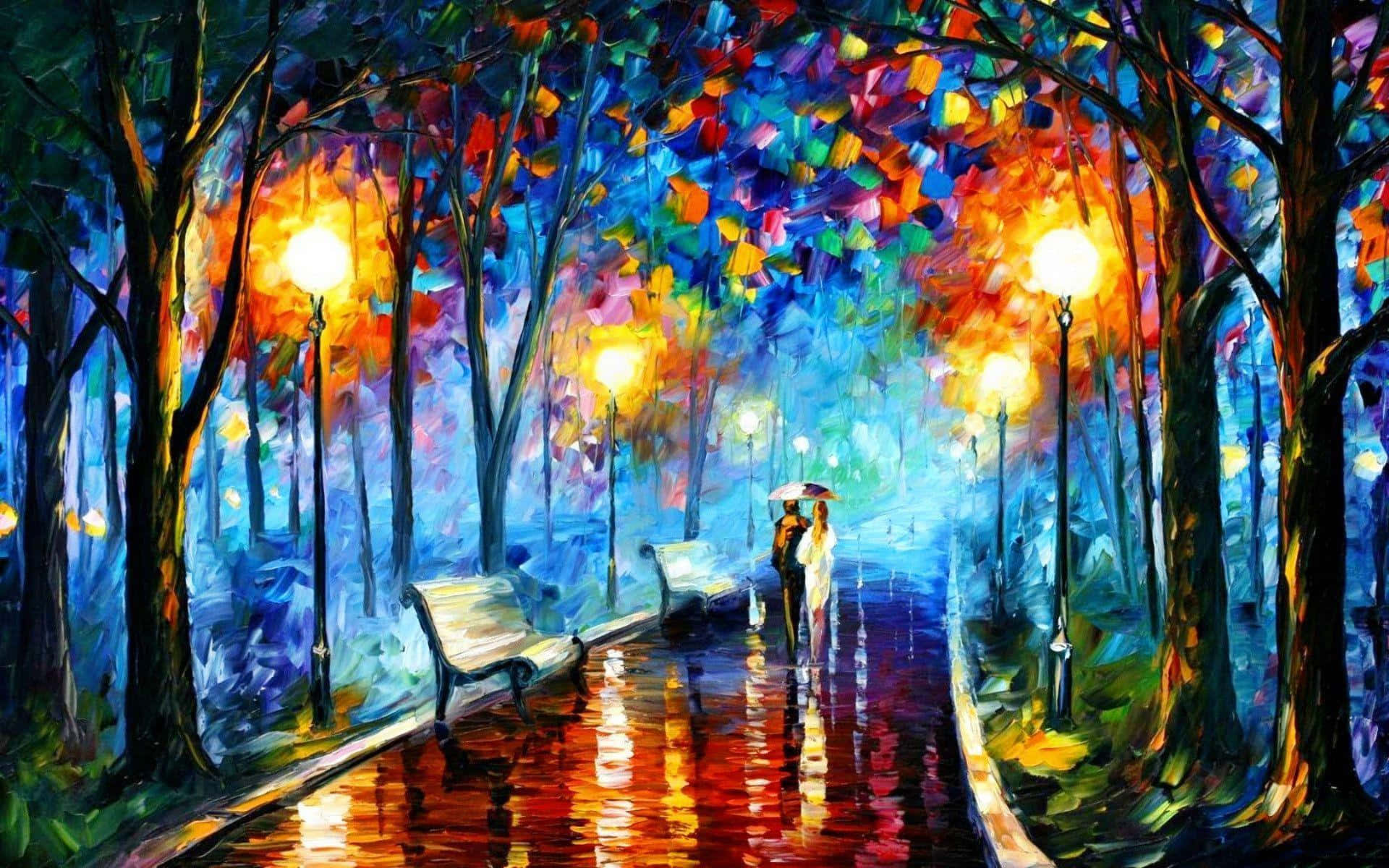 抽象藝術動圖 桌布 壁紙 — 一幅充滿活力的油畫描繪了一對情侶在雨傘下，沿著一條被雨水浸濕、兩旁有發光路燈和色彩繽紛樹木的公園小徑行走。