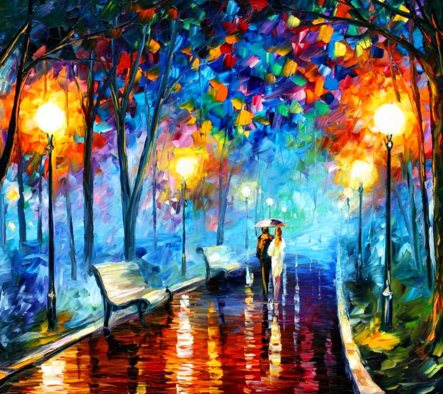 Beautiful Painting 桌布 壁紙 — 一幅充滿活力的油畫描繪了一對情侶在雨傘下沿著濕漉漉的公園小徑行走，小徑兩旁有發光的街燈和色彩繽紛的樹木。
