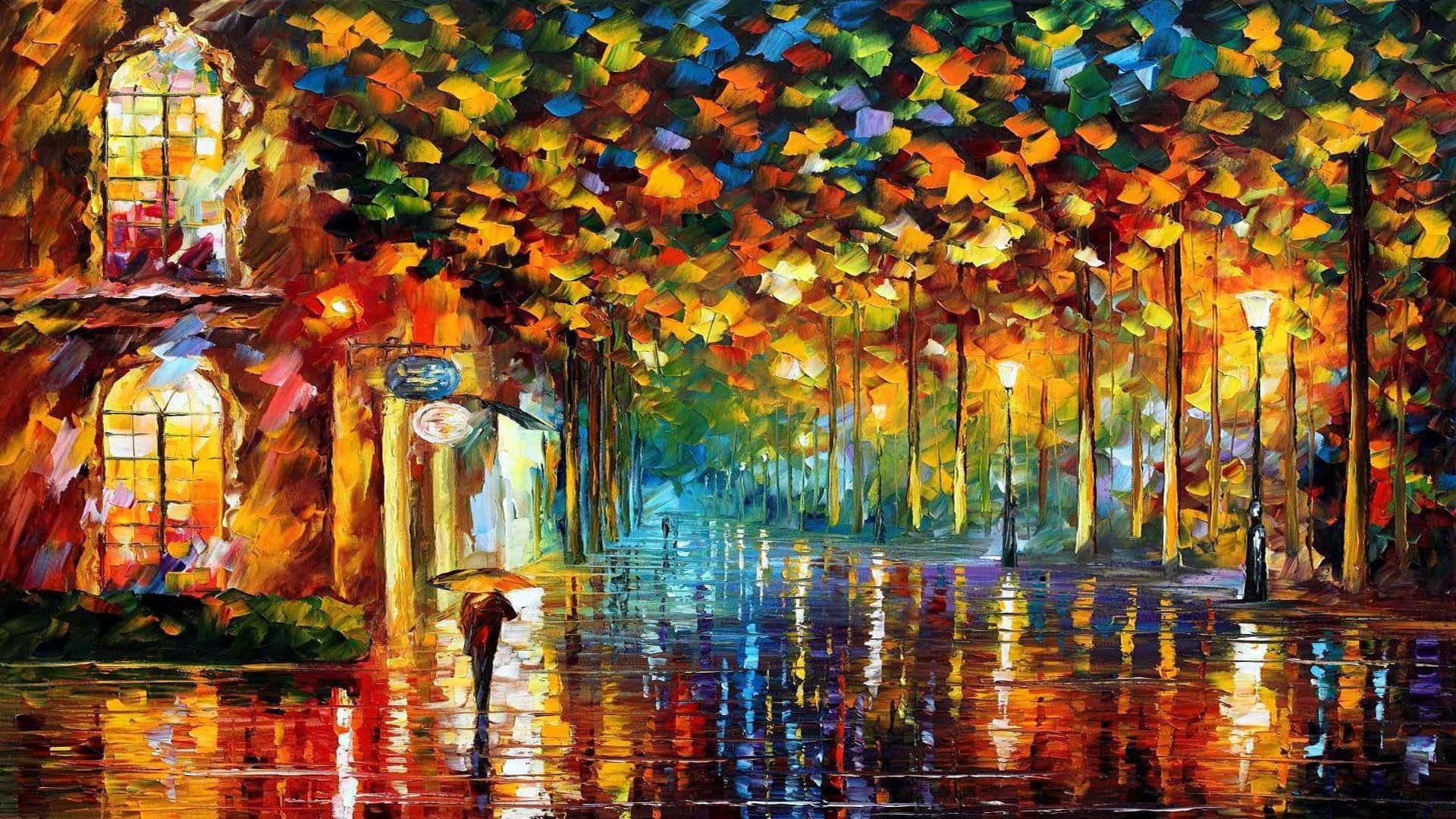 Painting 桌布 壁紙 — 一幅充滿活力的油畫描繪了一條雨中的秋日街道，一個孤獨的身影撐著傘，周圍是色彩繽紛的樹木和閃爍的路燈，倒映在濕漉漉的人行道上。