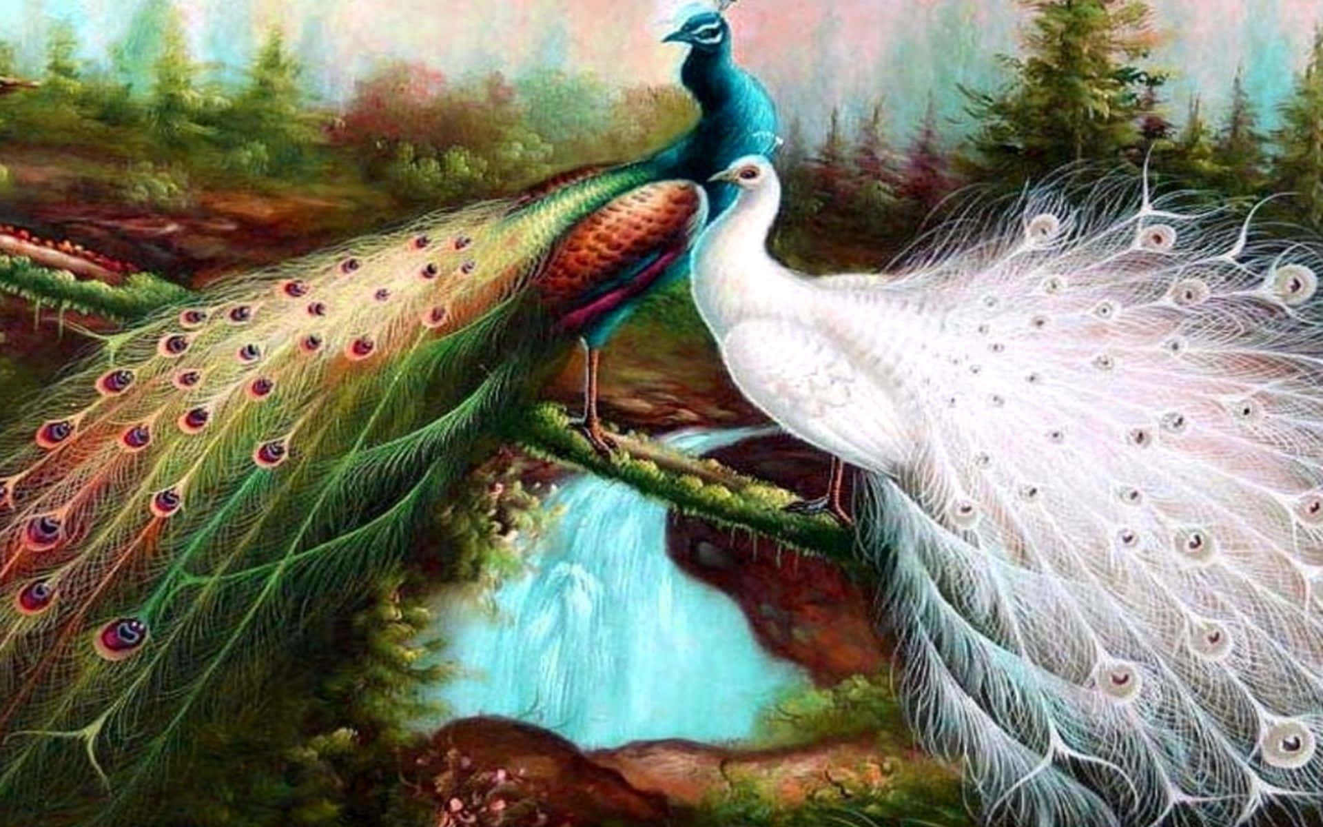 孔雀動圖 桌布 壁紙 — 一幅充滿活力的油畫描繪了一隻藍孔雀和一隻白孔雀棲息在茂密森林中瀑布上方長滿苔蘚的樹枝上。