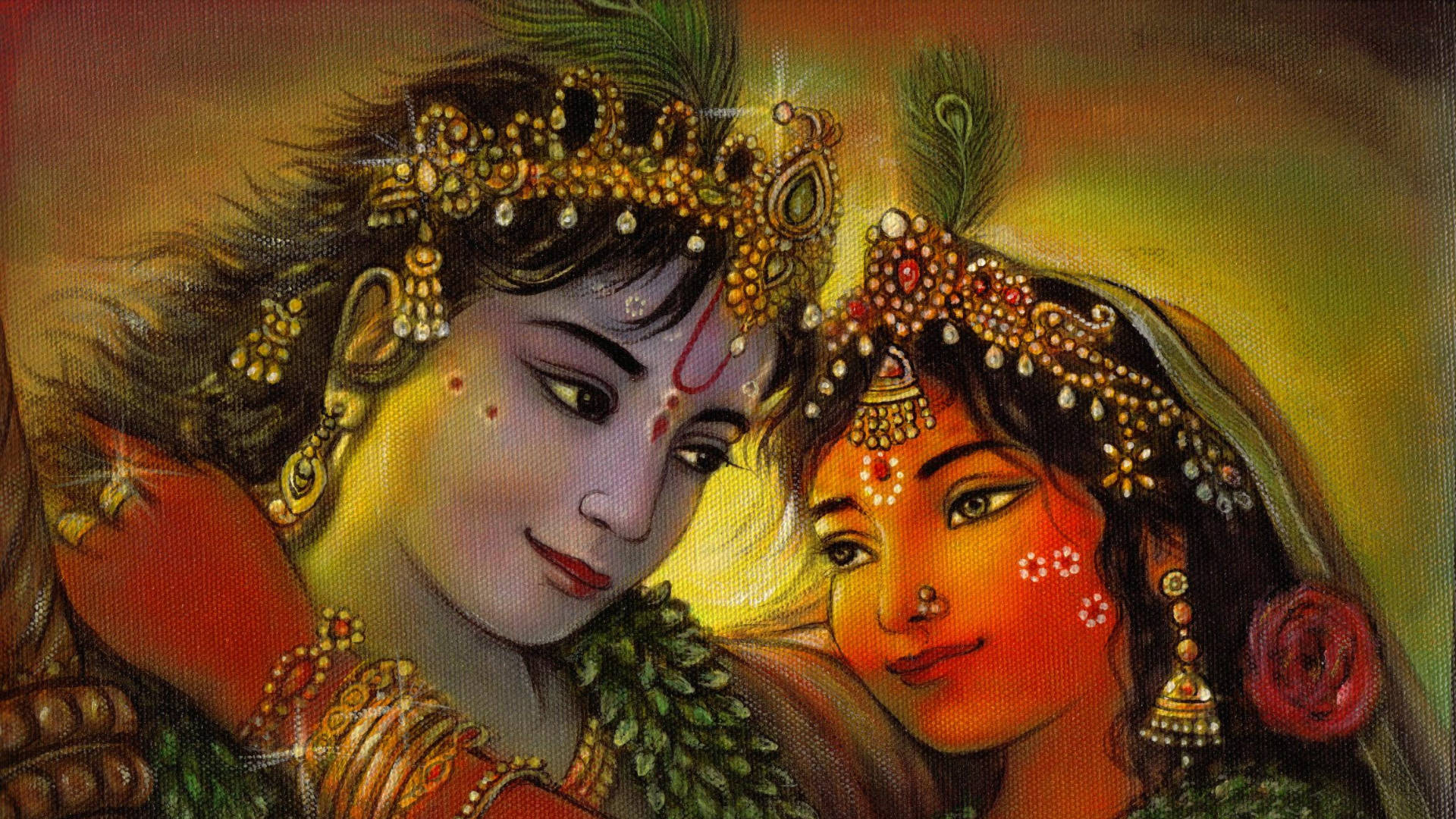 Hindu God 桌布 壁紙 — 一幅充滿活力的油畫描繪了兩位神聖人物，身著華麗珠寶和傳統服飾，分享親密時刻。