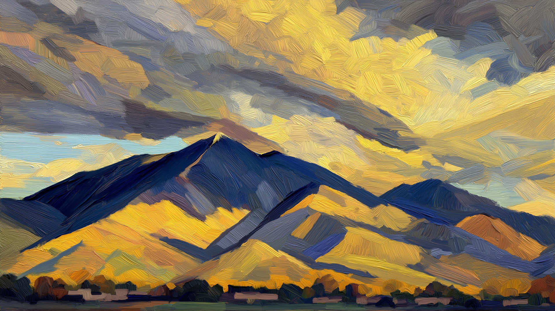 Mountain Peaks Under Expressive Sky, Textured Landscape Art 壁紙 — 一幅充滿活力的油畫描繪了在戲劇性的多雲天空下，鋸齒狀的山脈沐浴在金色的日落光芒中。
