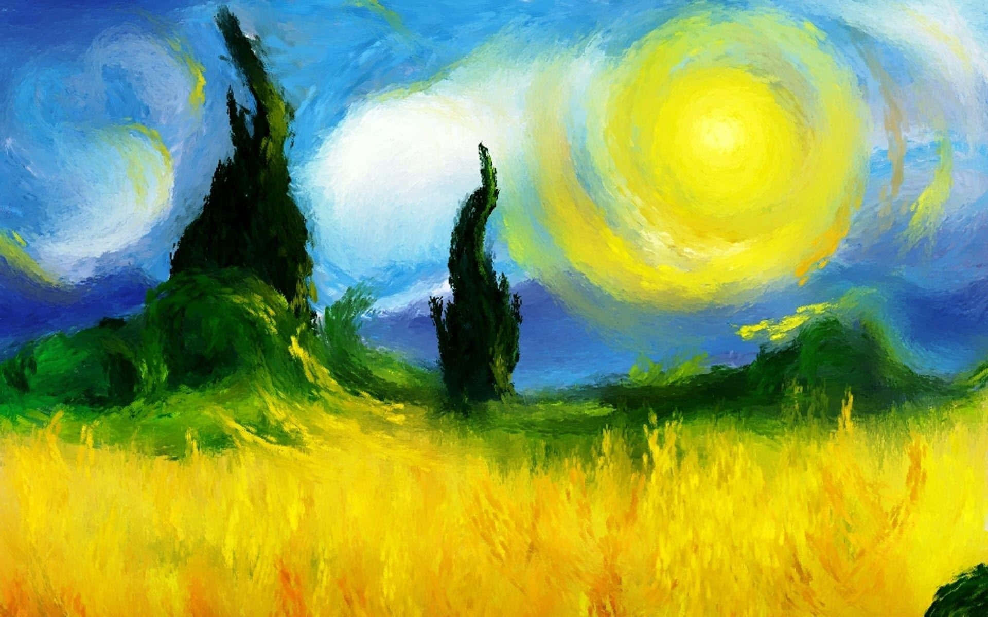 Impressionism 桌布 壁紙 — 一幅充滿活力的油畫描繪了陽光明媚的金色麥田，上方是旋轉的藍天，有燦爛的黃色太陽和高大的柏樹。