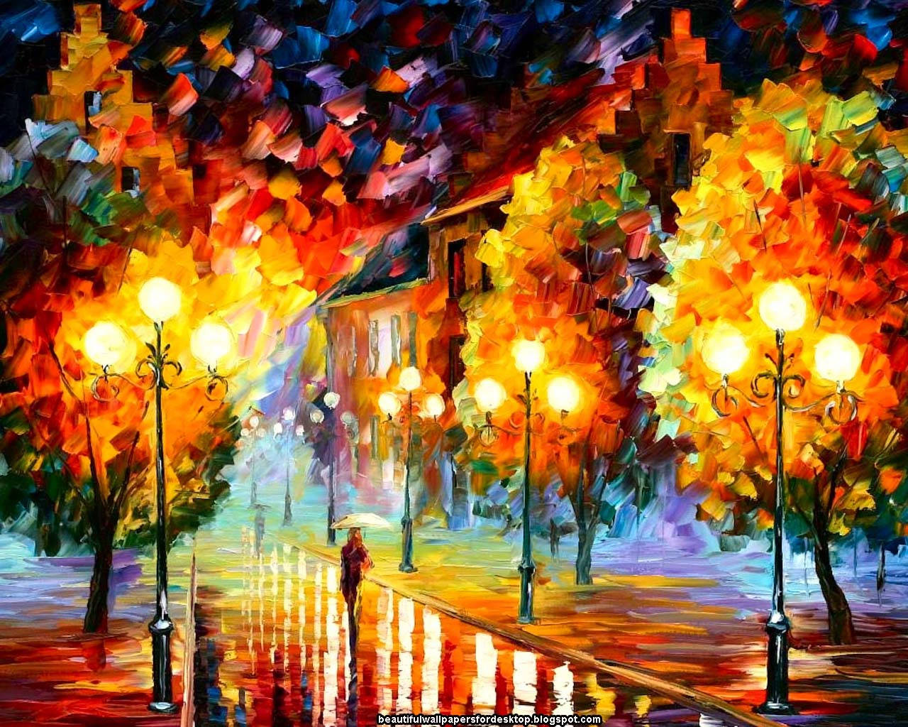 藝術 桌布 壁紙 — 一幅充滿活力的油畫描繪了雨夜秋街，發光的街燈在色彩繽紛的樹木下反射在潮濕的人行道上。