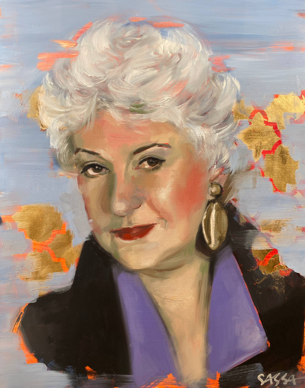 Celebrity 桌布 壁紙 — 一幅充滿活力的油畫肖像，描繪一位擁有白色捲髮和大膽紅唇的女性，背景為帶有紋理的藍色和金色。