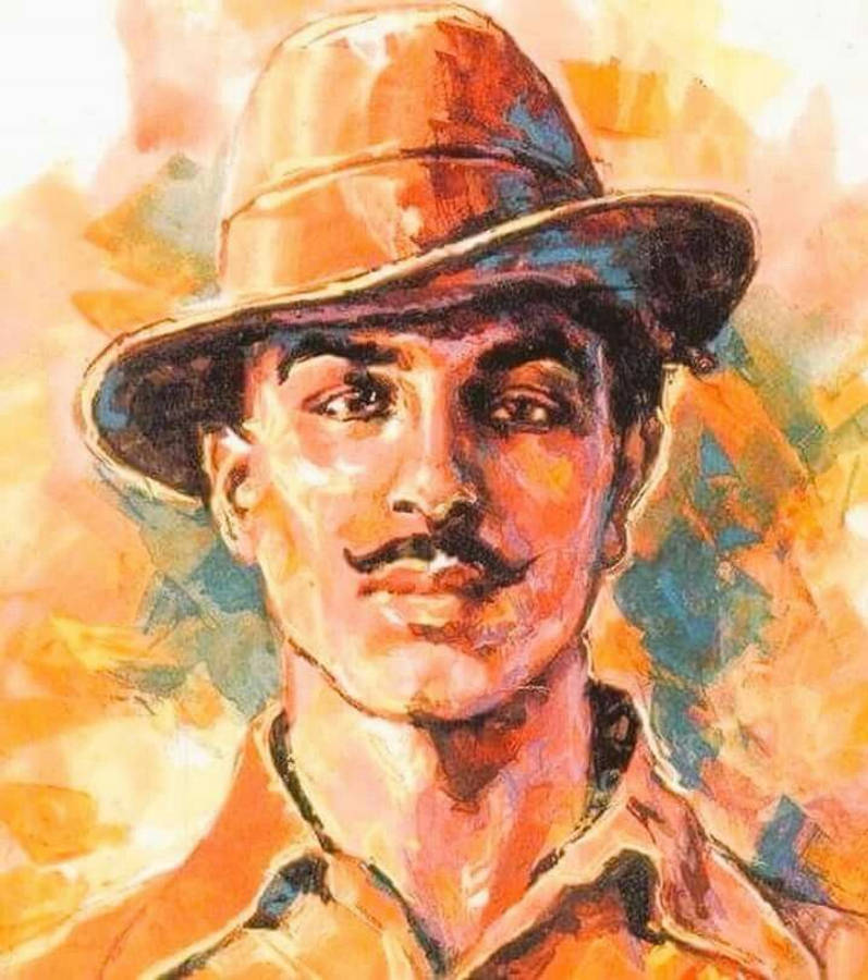 Shaheed Bhagat Singh 桌布 壁紙 — 一幅充滿活力的油畫肖像，描繪一位留鬍子、戴軟呢帽的男子，背景為溫暖的抽象風格。